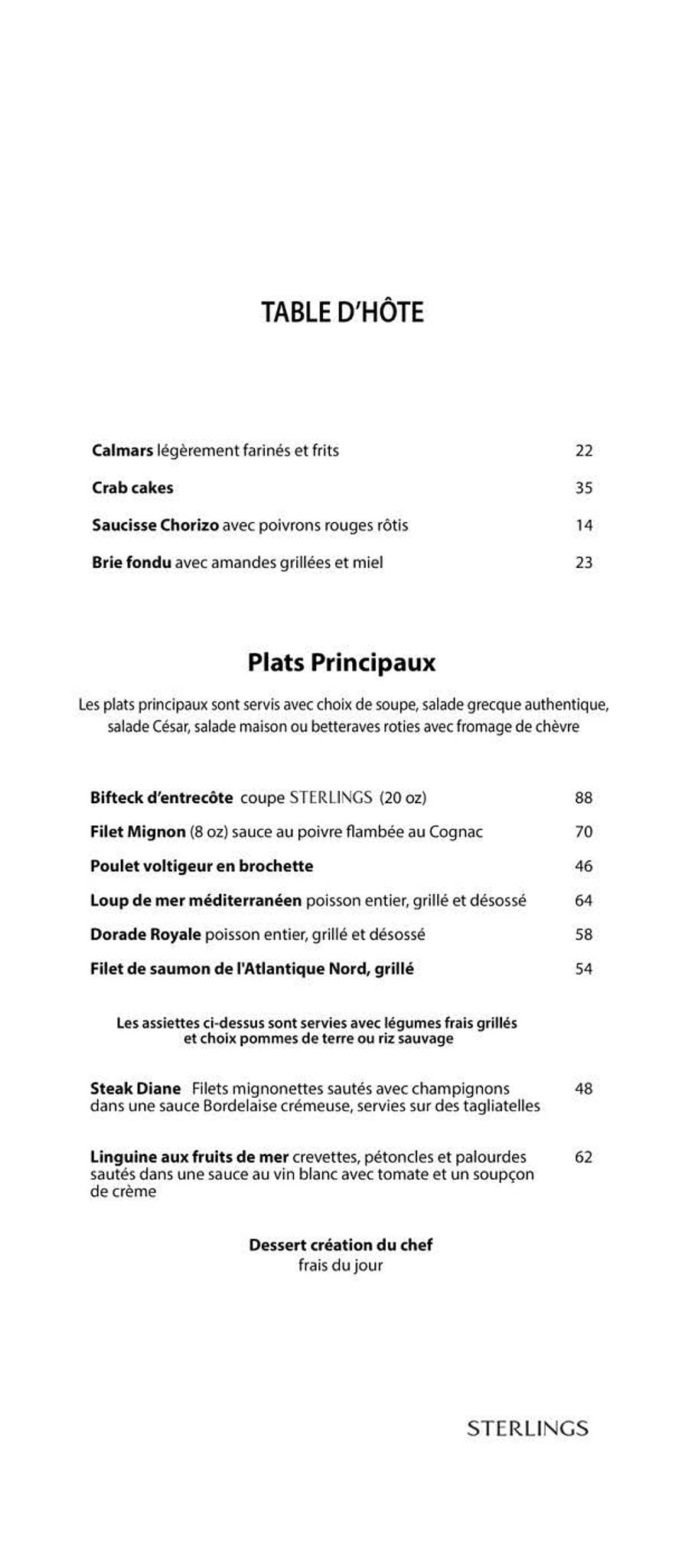 Menu de Sterlings Steakhouse