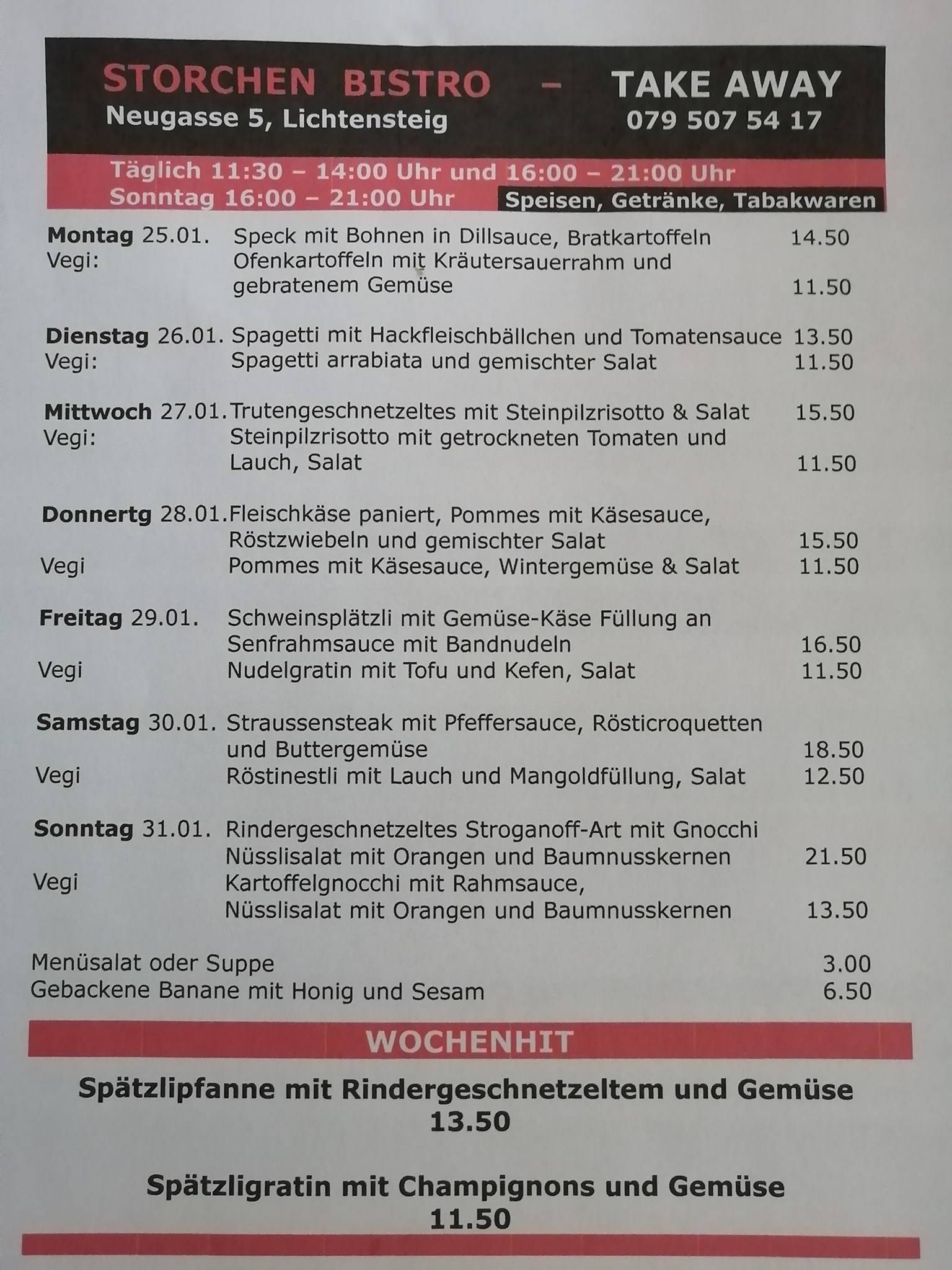 Speisekarte von Storchen Bistro - Bar, Lichtensteig