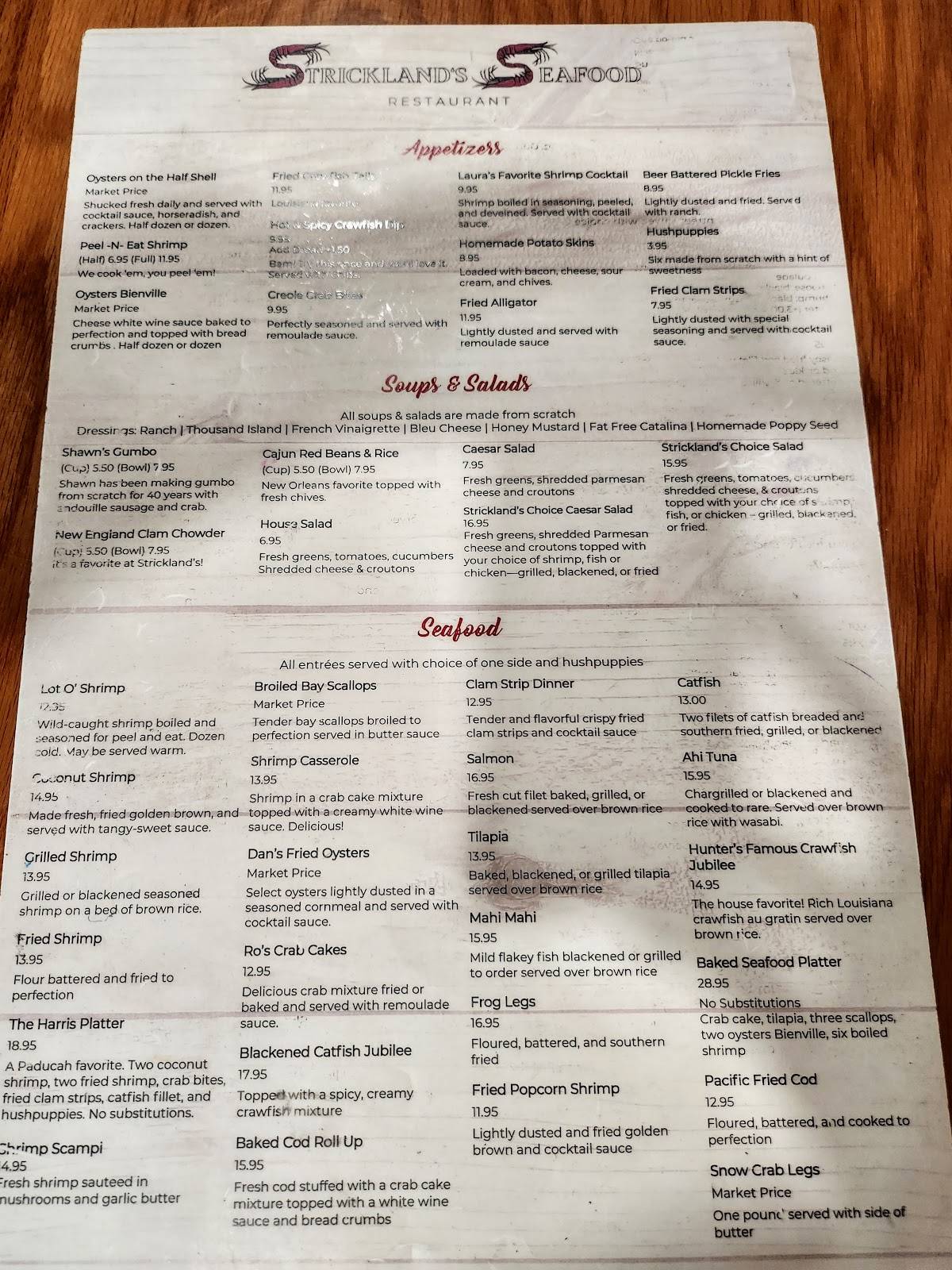 Menu at Strickland's Seafood Restaurant, Paducah