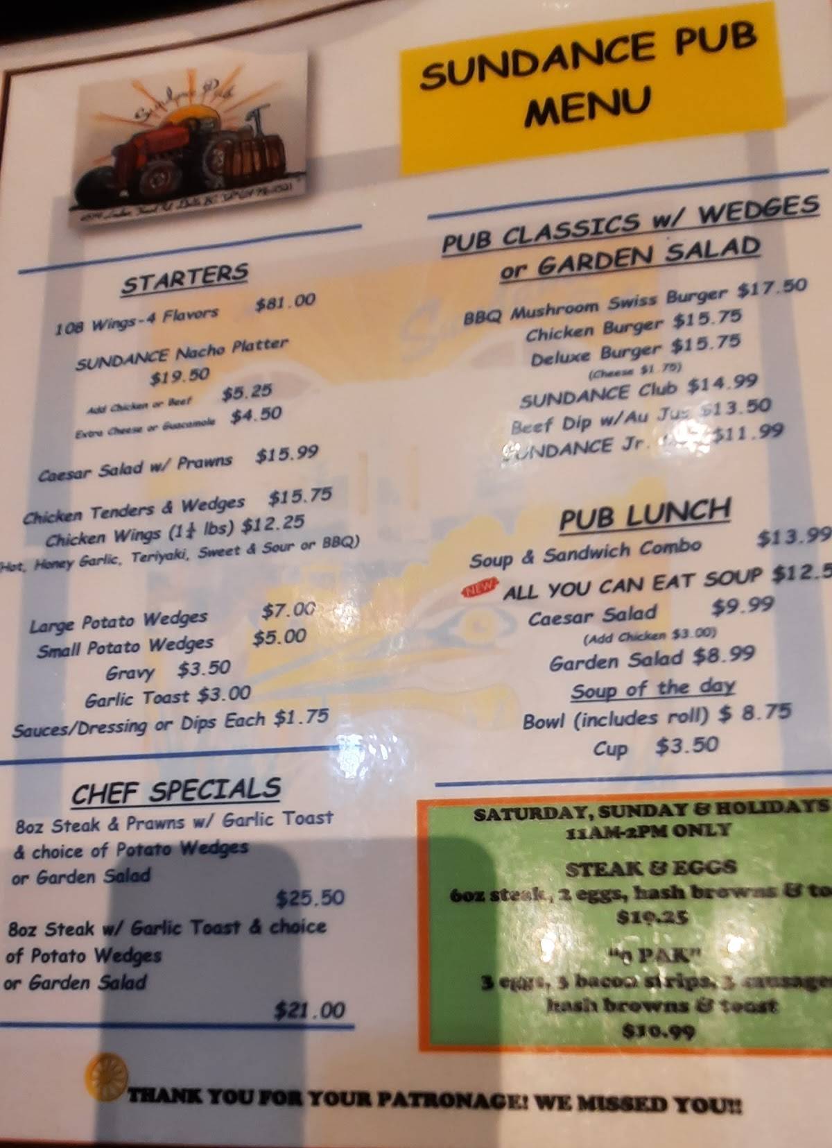Menu de Sundance Pub and Inn