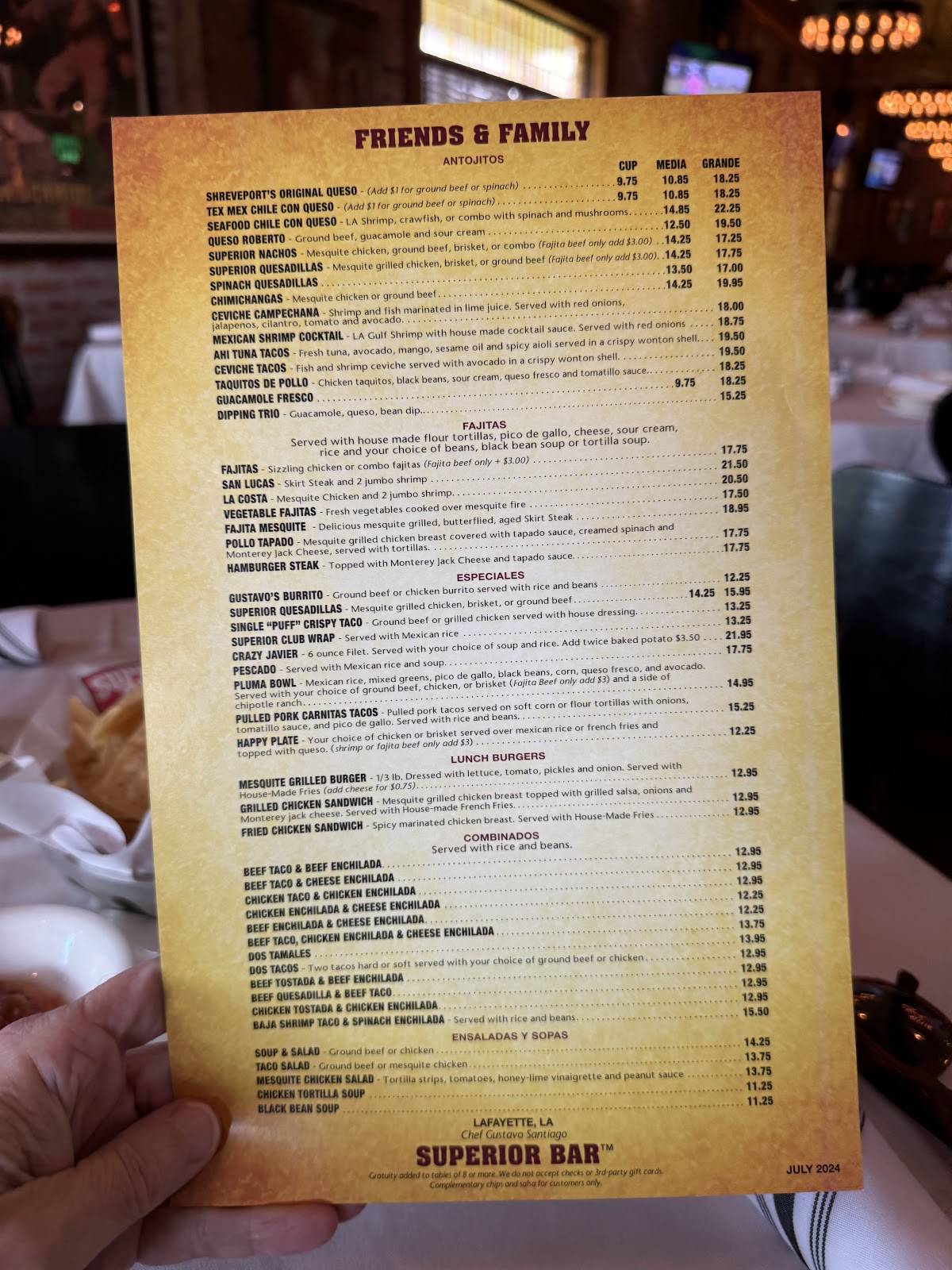 Menu at Superior Grill Lafayette restaurant, Lafayette