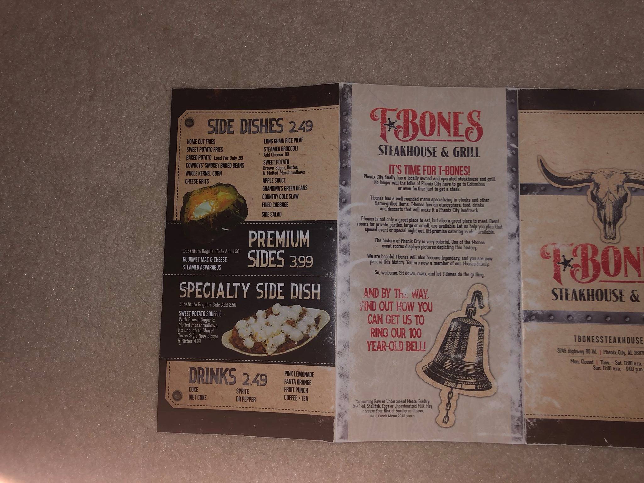 Menu at TBones Steakhouse and Grill, Phenix City