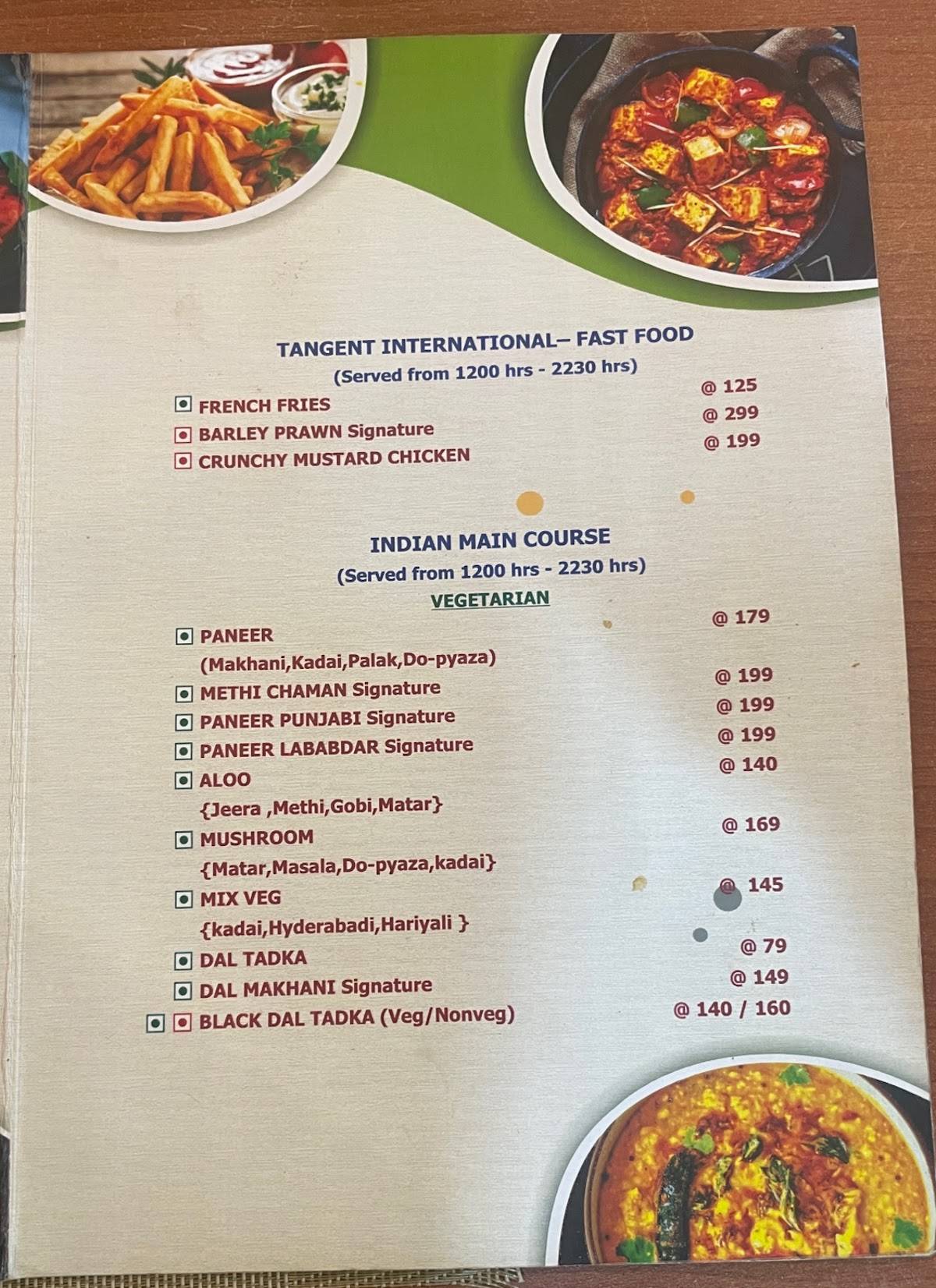 TANGENT RESTAURANT menu