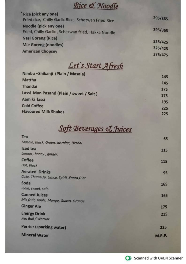 THE ROYAL DINING RESTAURANT menu