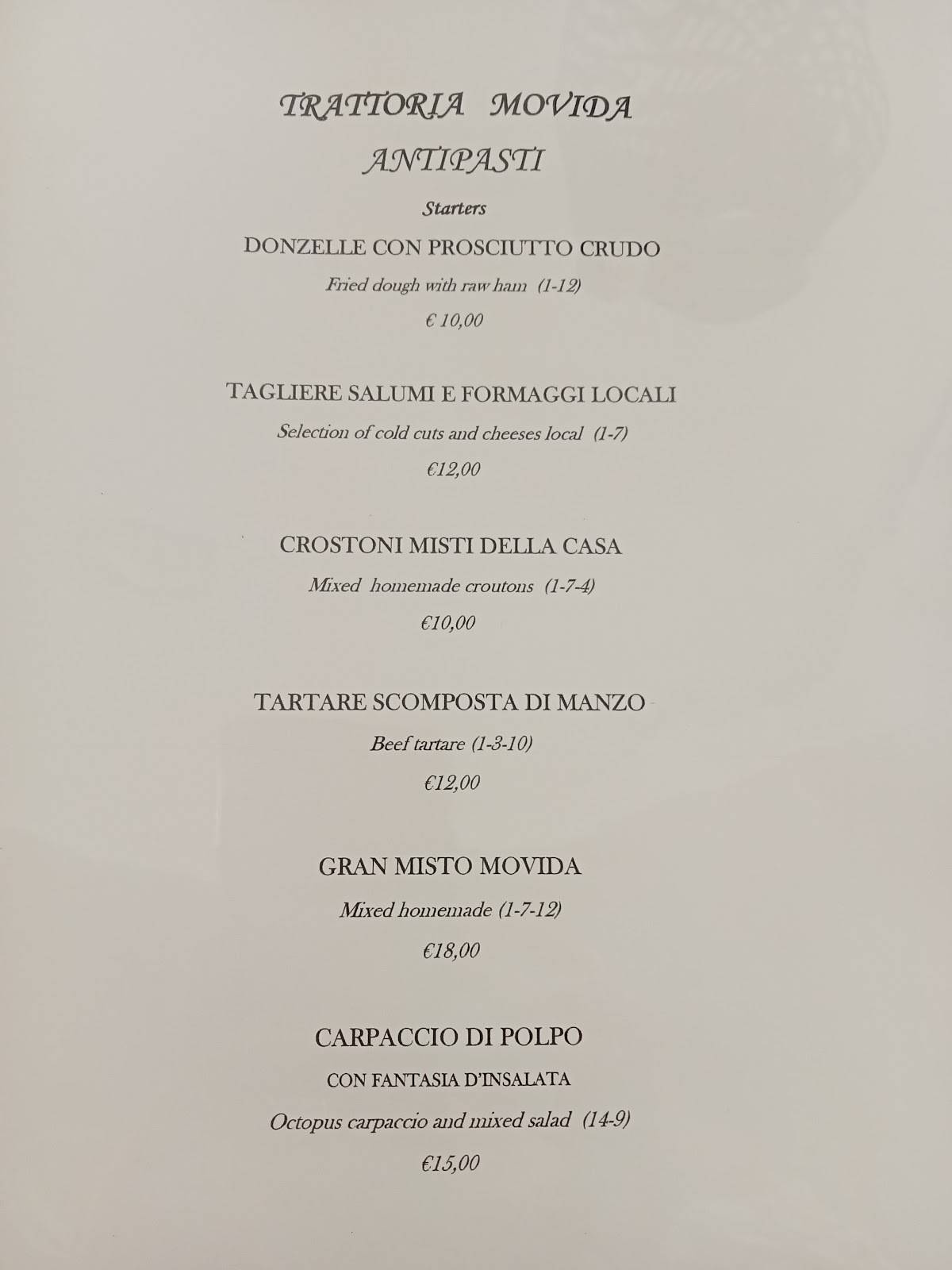 Menu di TRATTORIA MOVIDA 