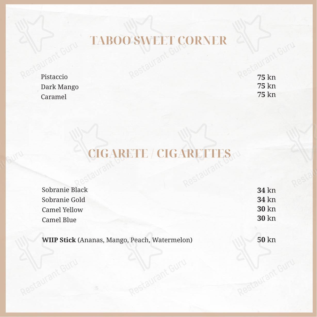 Menu di Taboo beach club Split - Menu