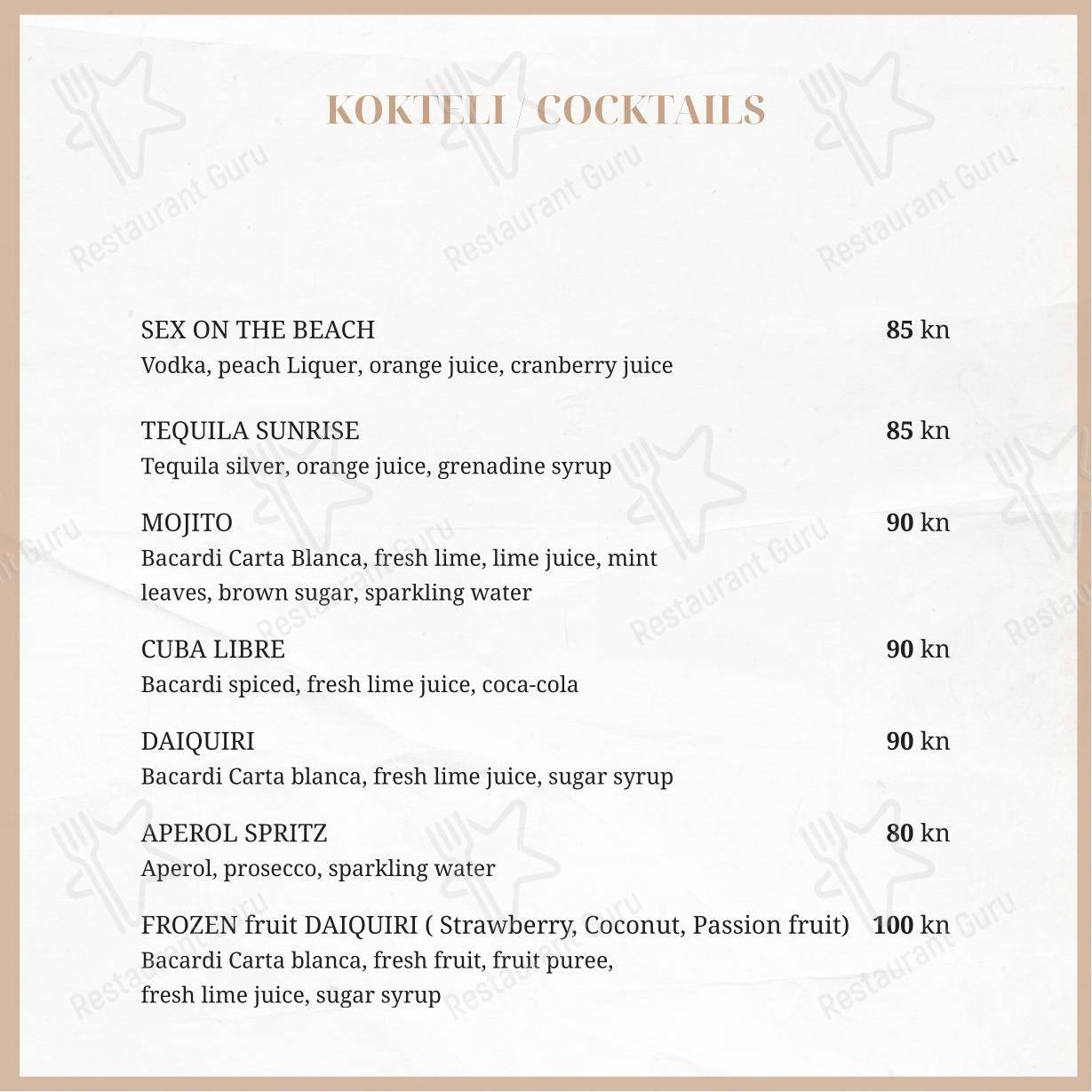 Menu per Taboo beach club Split in Spalato