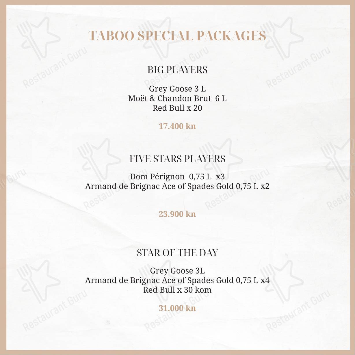 Menu di Taboo beach club Split - Menu