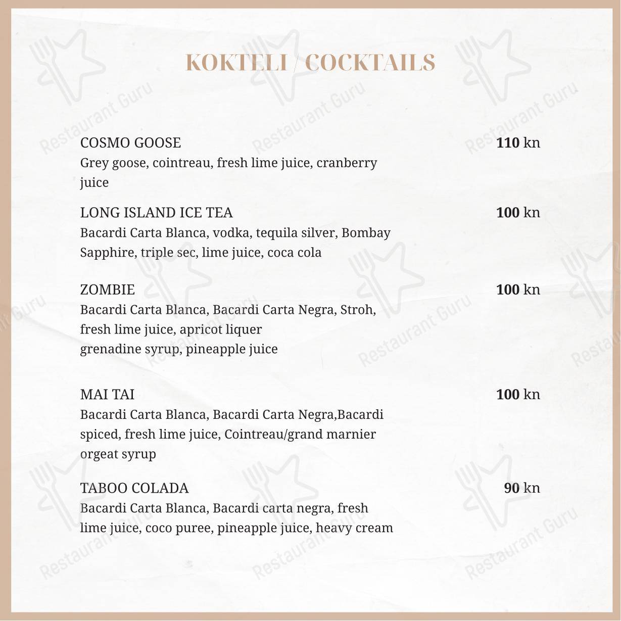 Menu per Taboo beach club Split pub & bar
