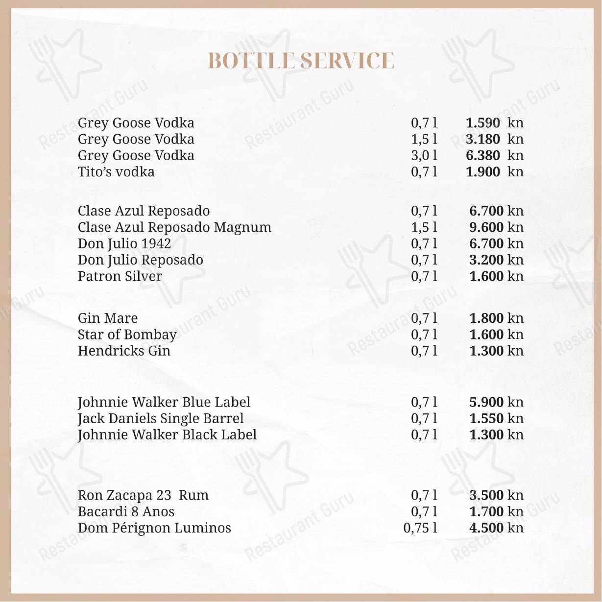 Menu per Taboo beach club Split in Spalato