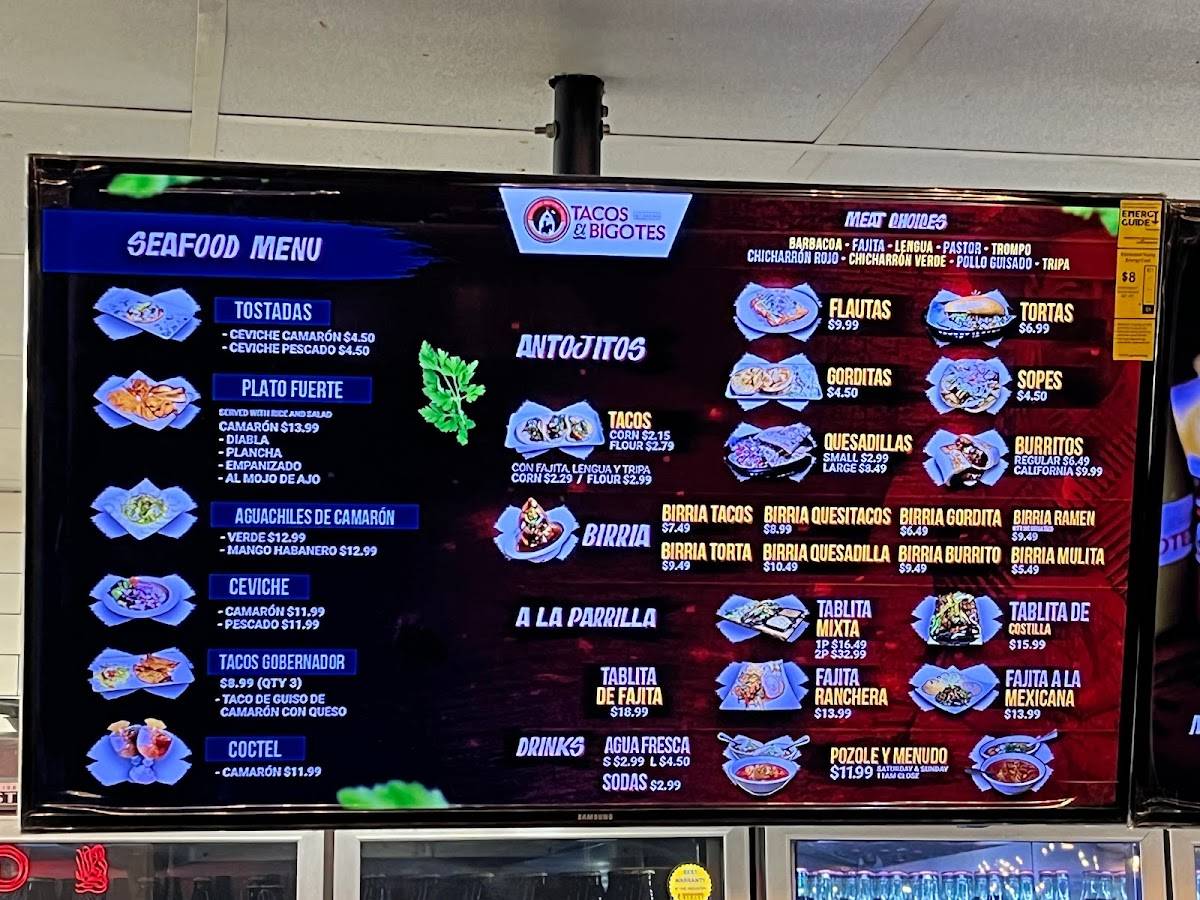 Menu at Tacos El Bigotes restaurant, Houston
