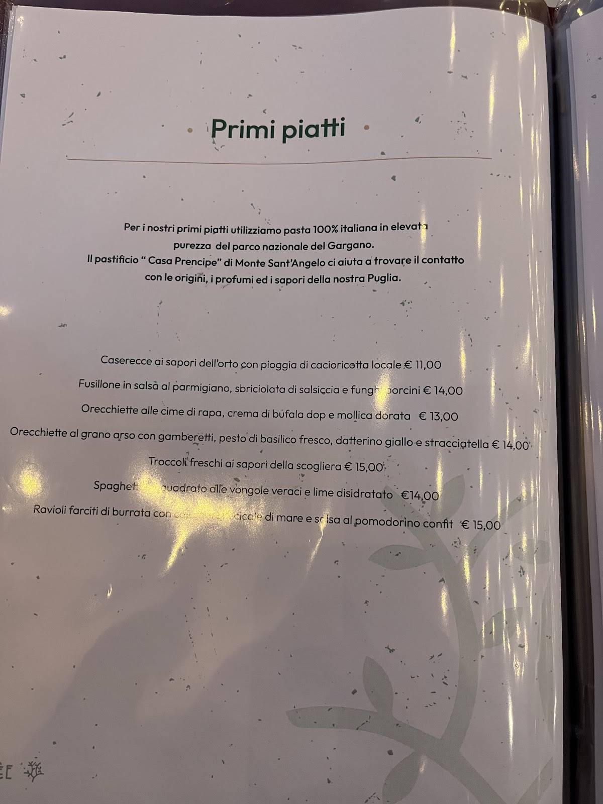 Menu di Talèe Restaurant 
