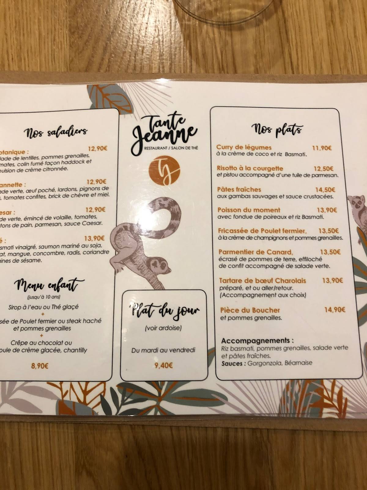Menu au Tante Jeanne café, Orléans