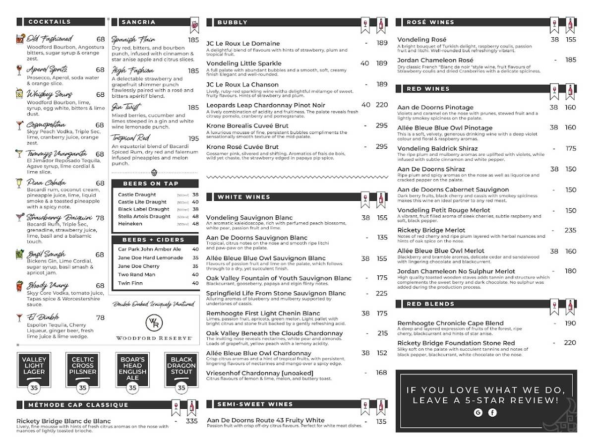 Menu at Tapas Bar and Restaurant, Port Elizabeth