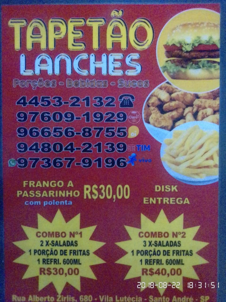 Tapetão Lanches cardápio