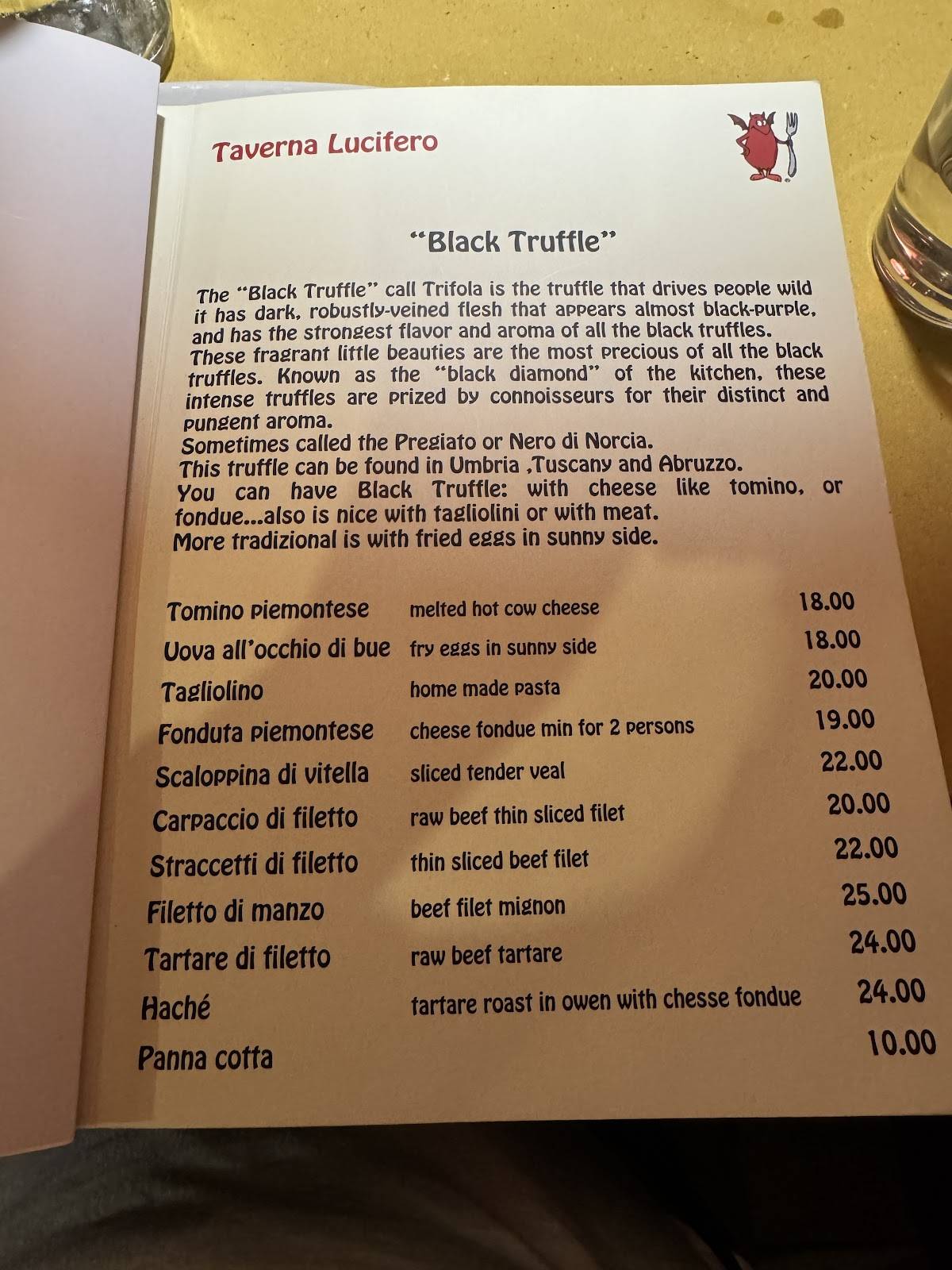 Menu de Taverna Lucifero