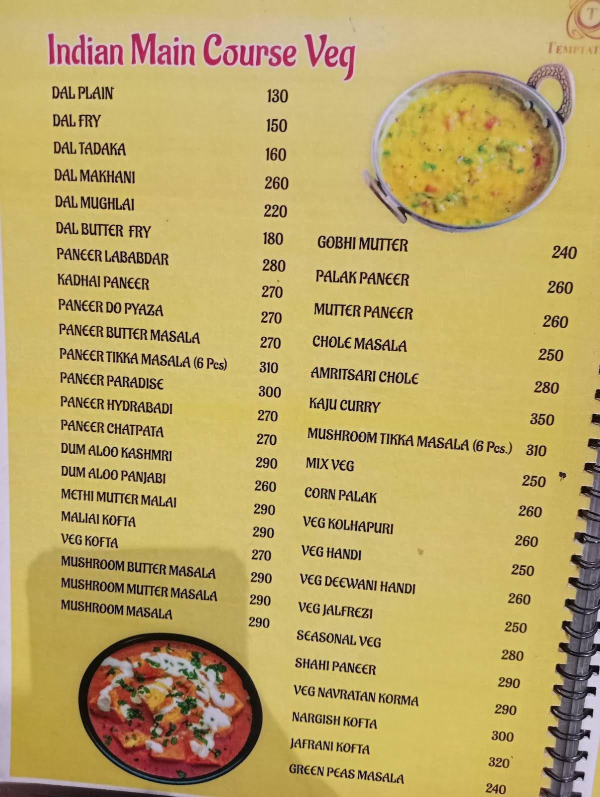 Temptation Restaurant menu