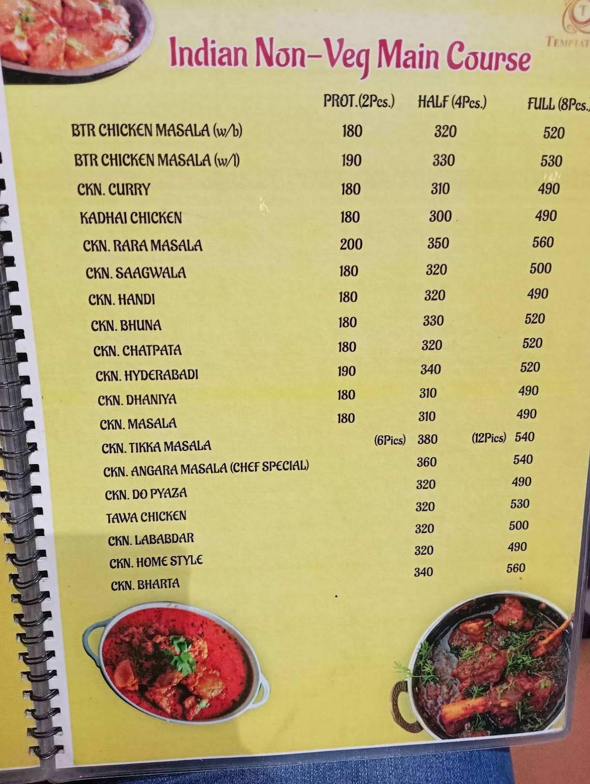 Temptation Restaurant menu