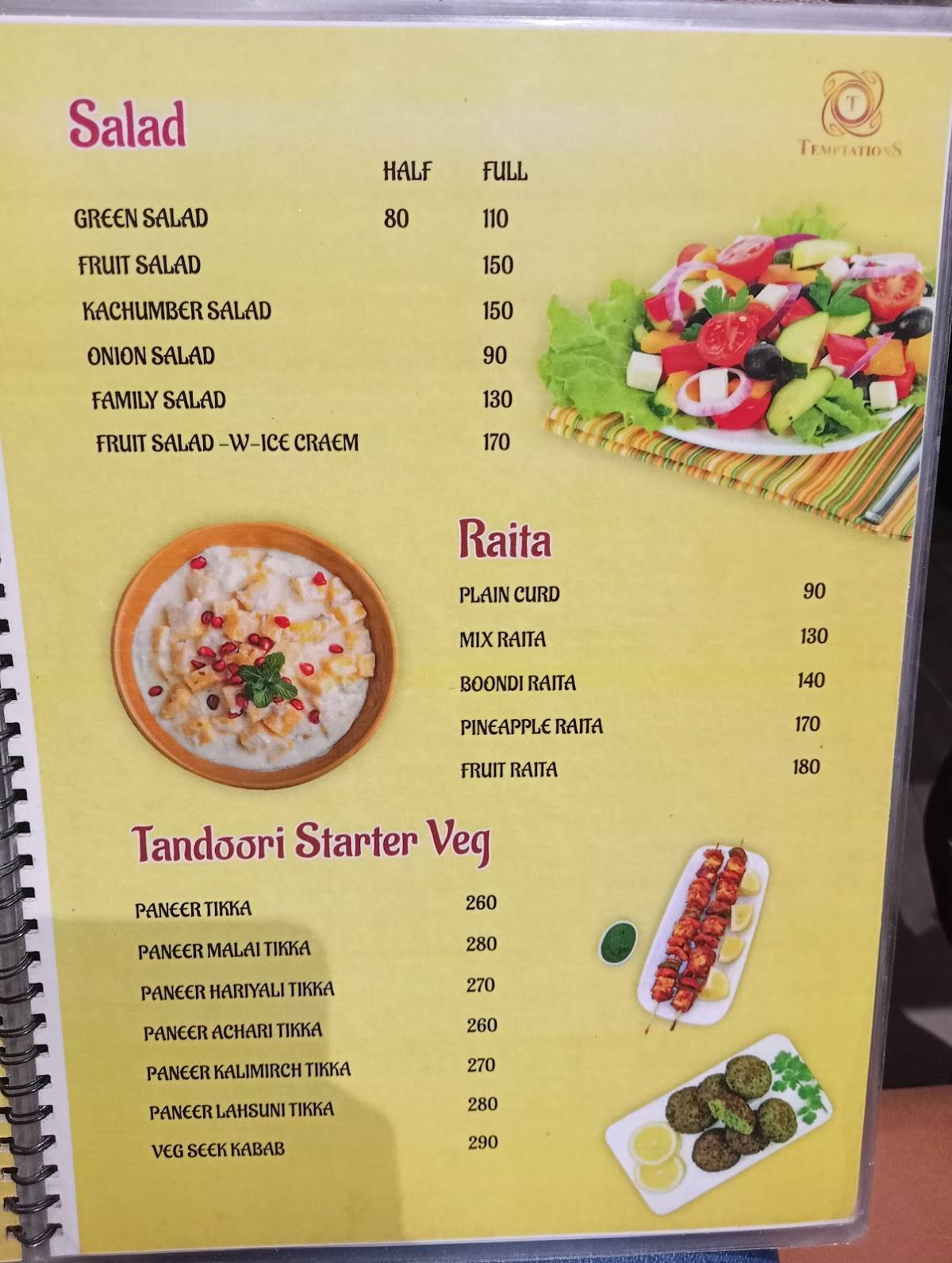 Temptation Restaurant menu