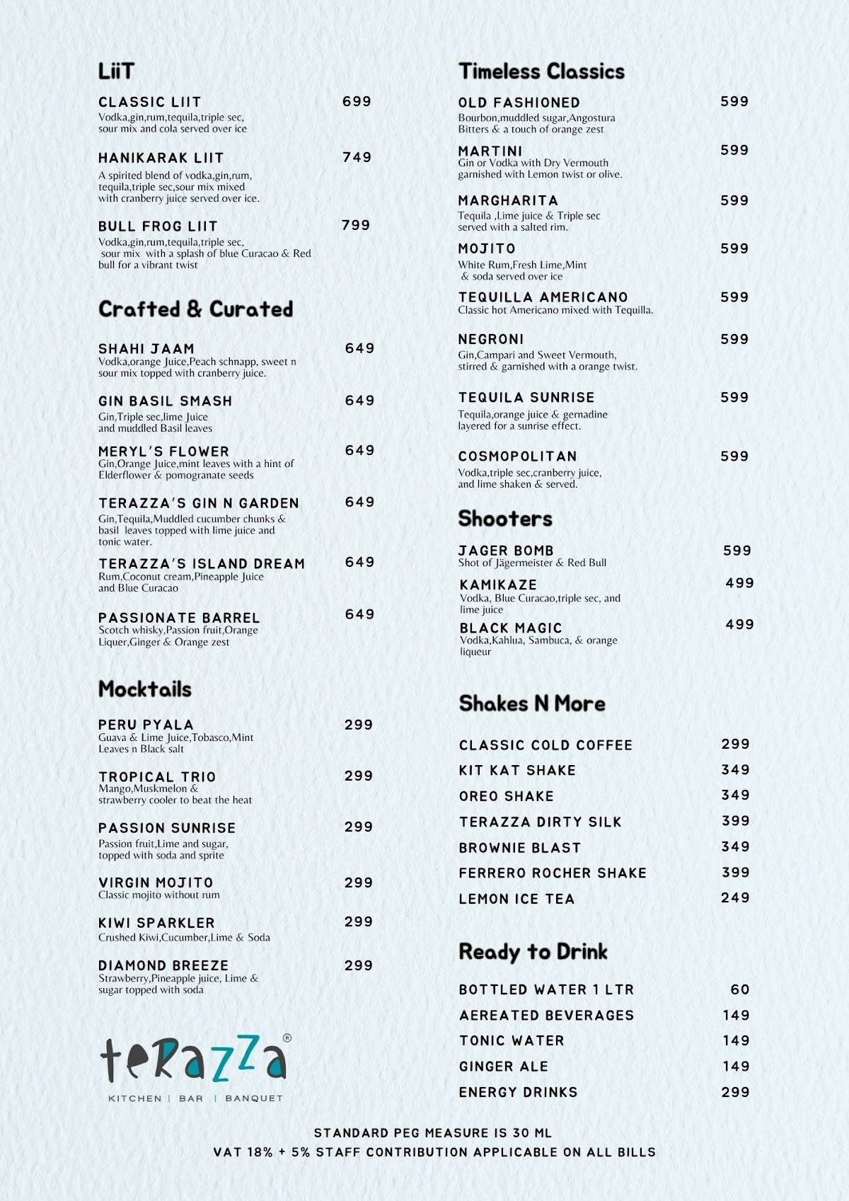 Terazza Bar and Kitchen menu