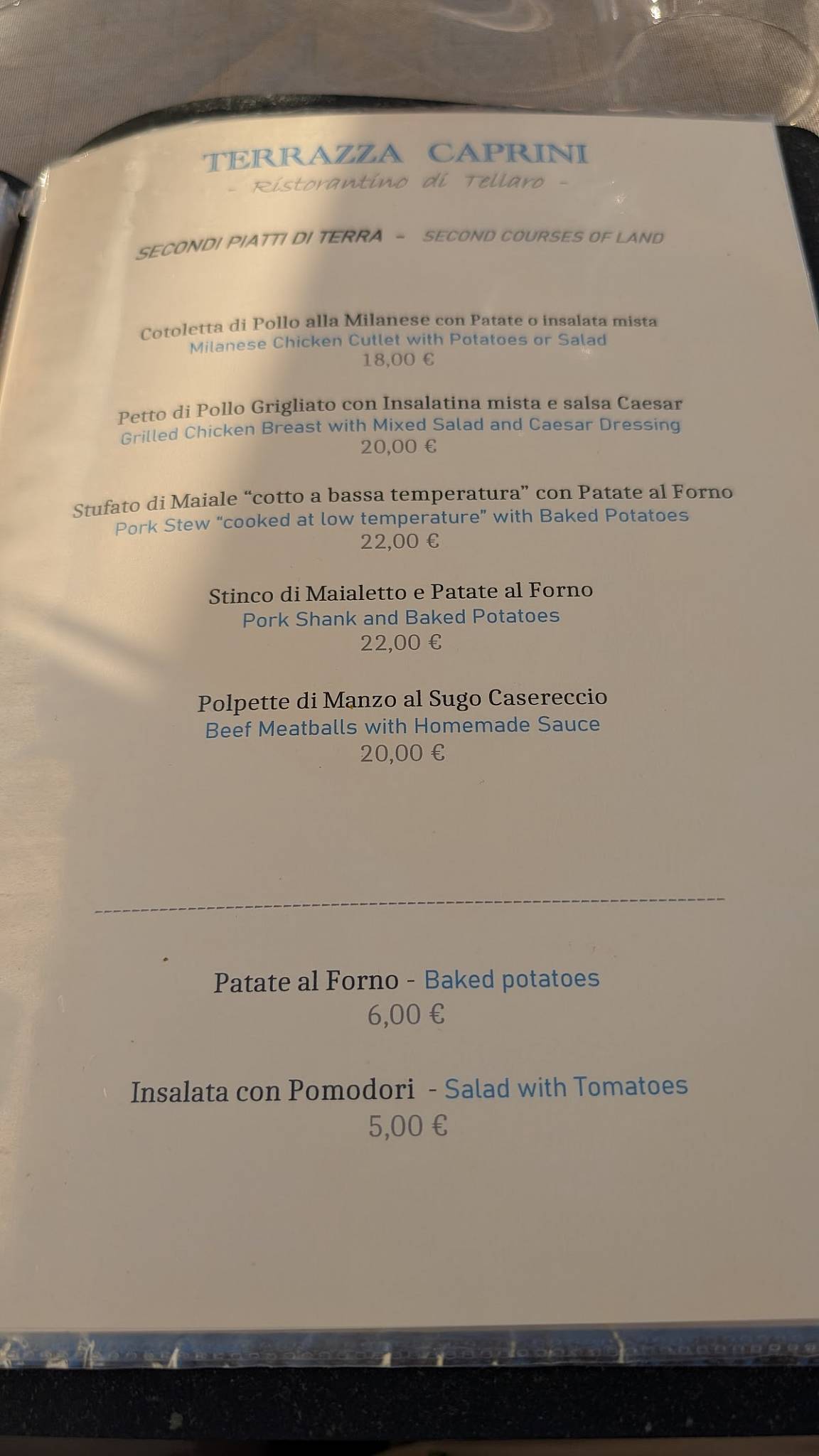Menu di Terrazza Caprini Bistrot 