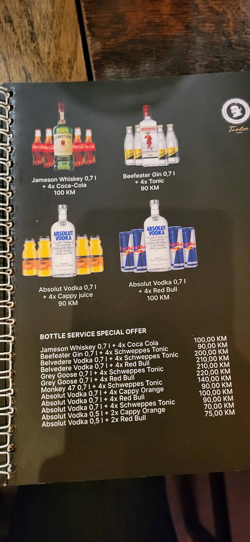 Menu at Tesla pub & bar, Sarajevo