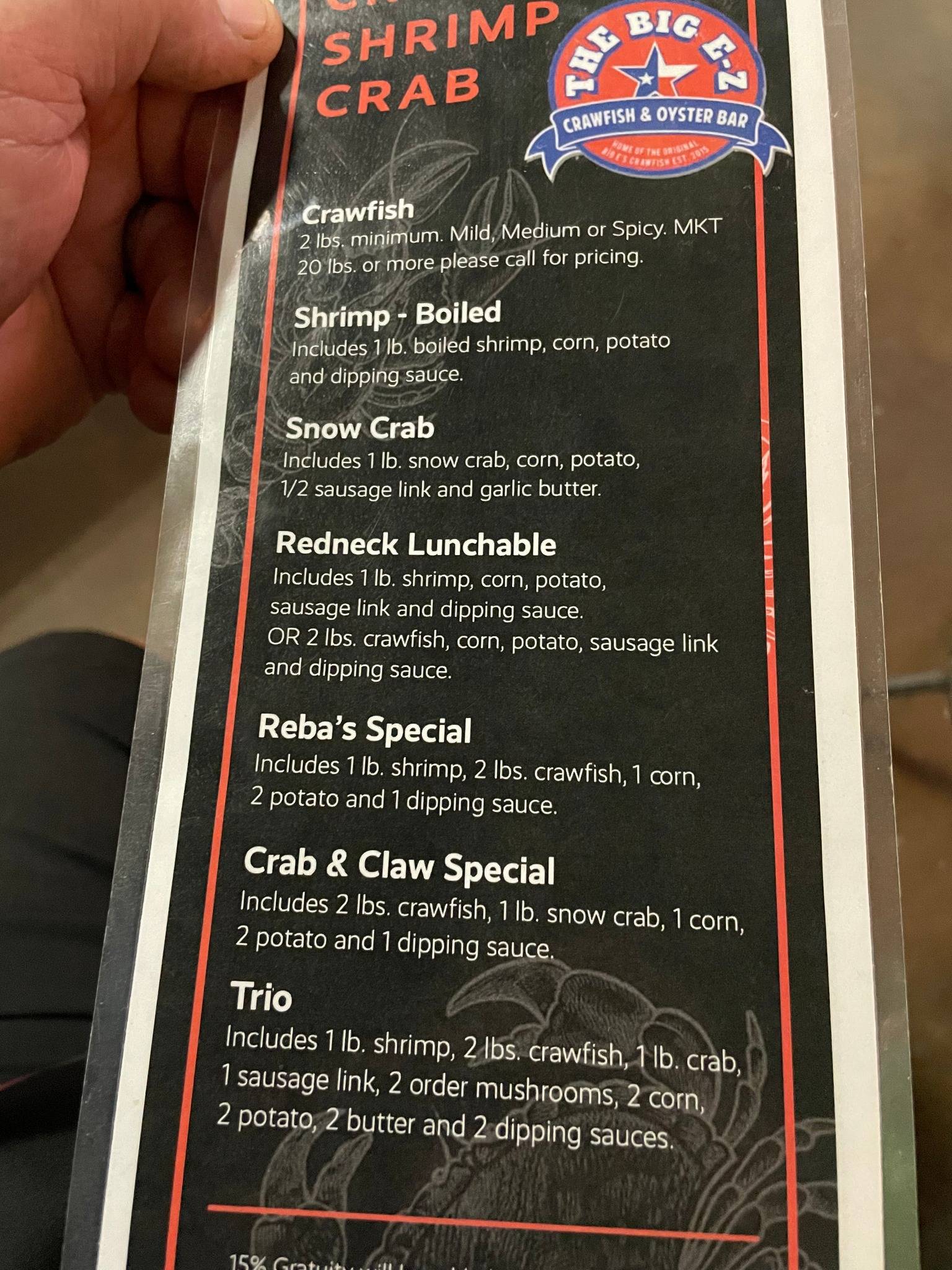 Menu at The Big EZ Crawfish & Oyster Bar, Huntsville