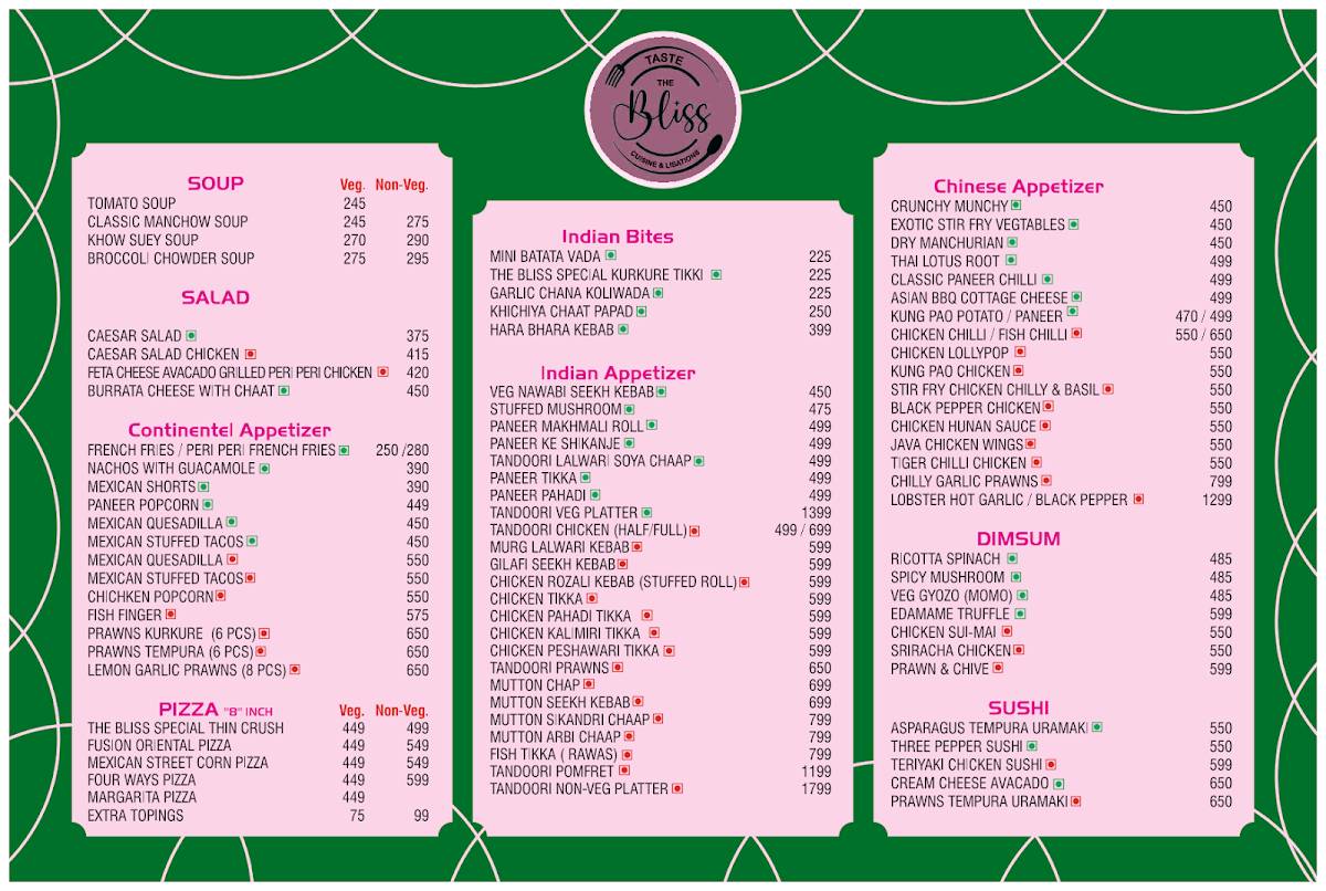 The Bliss Cuisine & Libations, Fine Dine menu