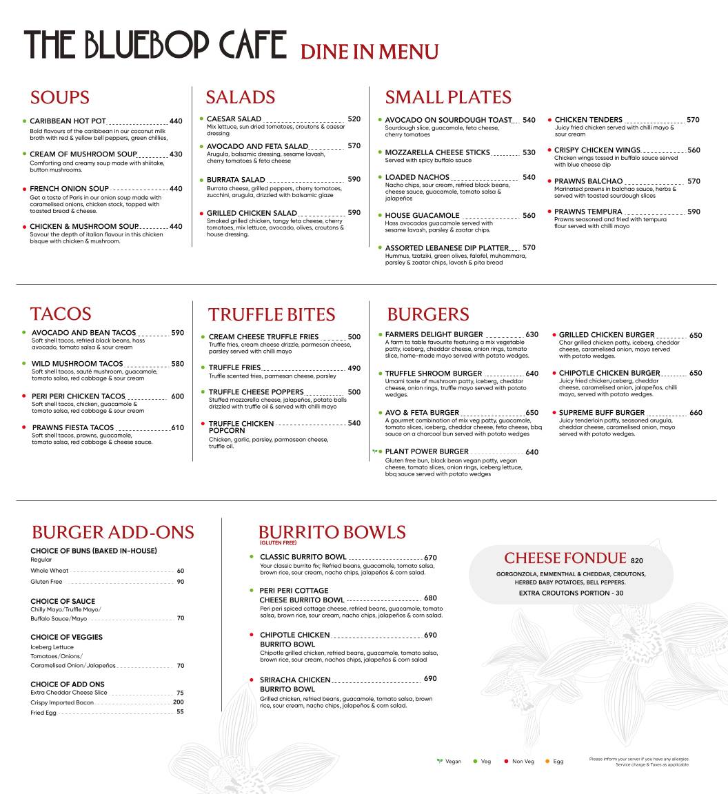 The Bluebop Cafe menu