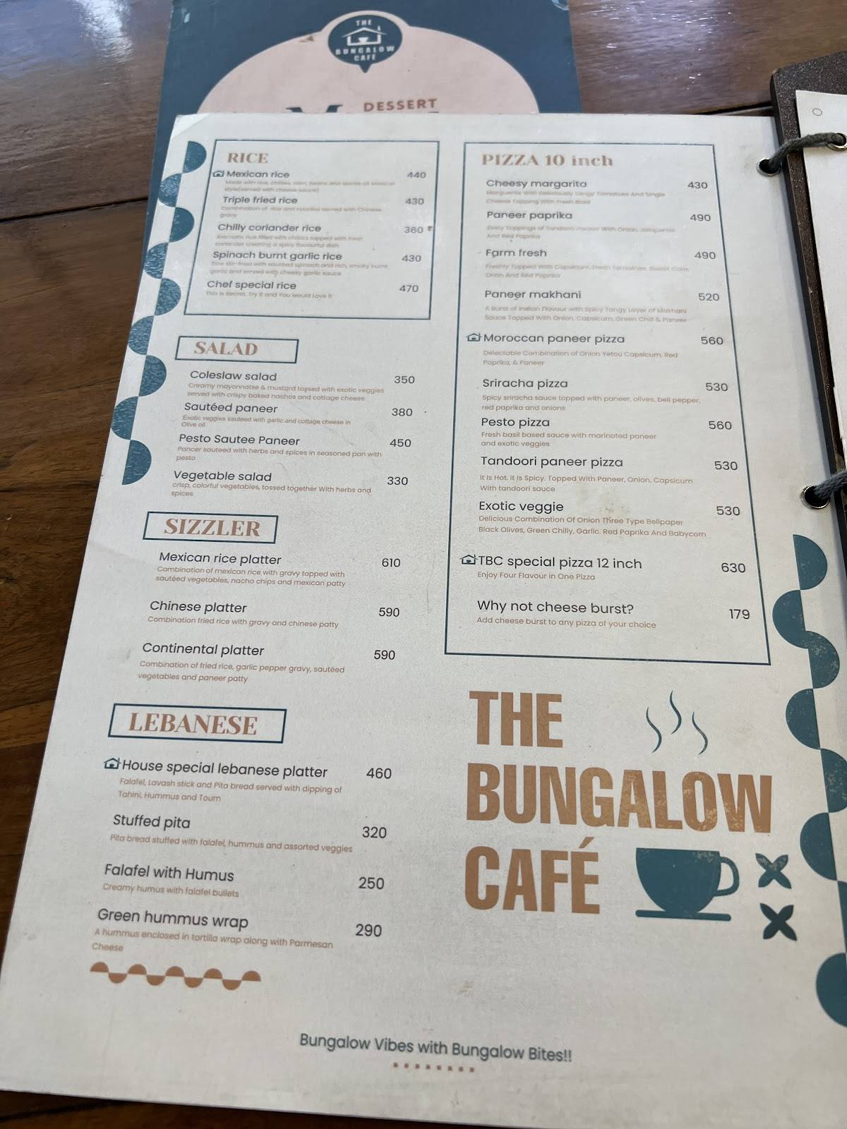 The Bungalow Cafe menu