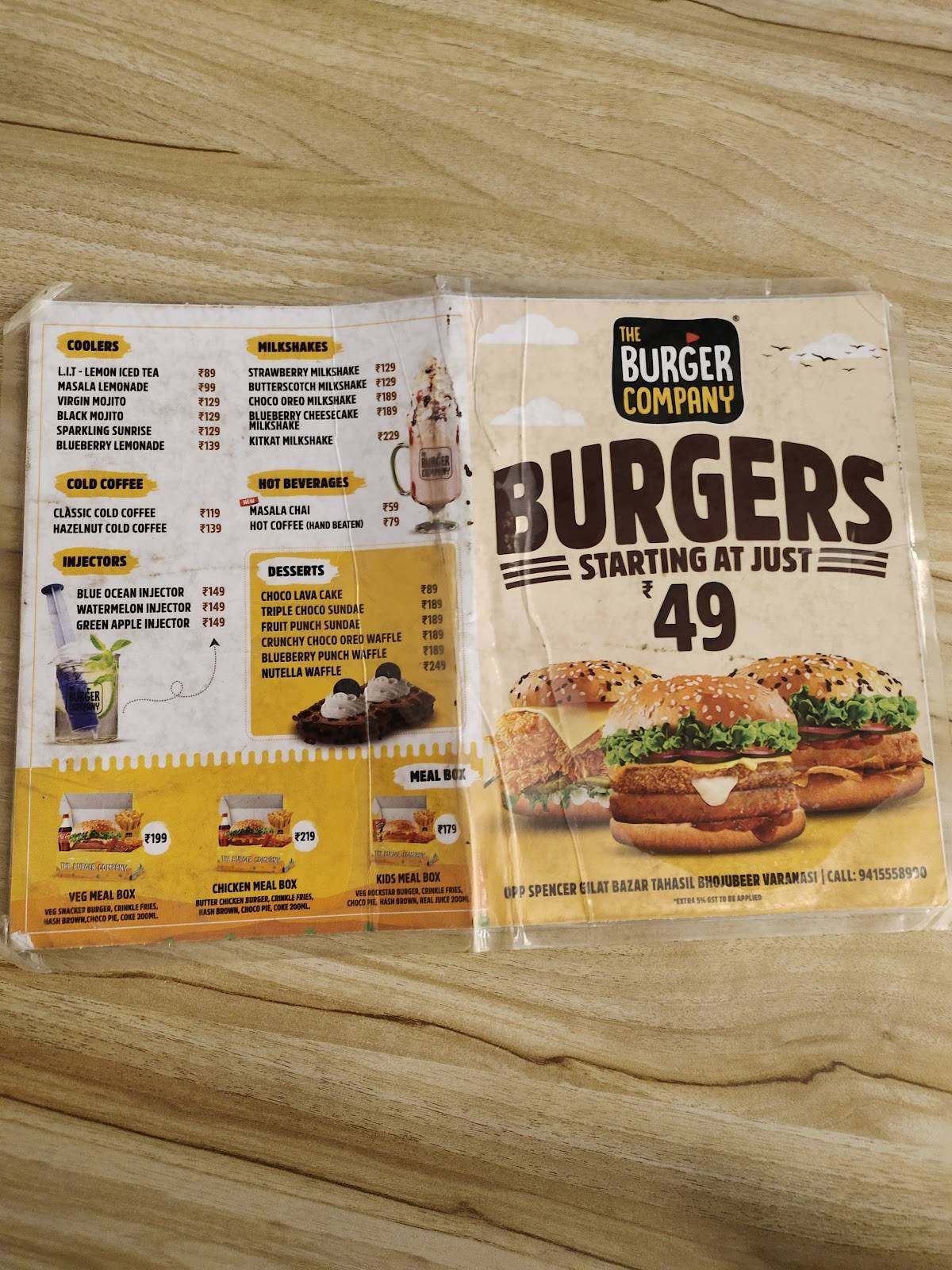 The Burger Company menu
