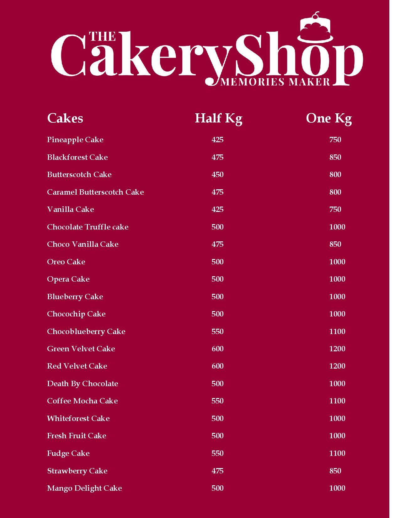 The Cakery Shop menu