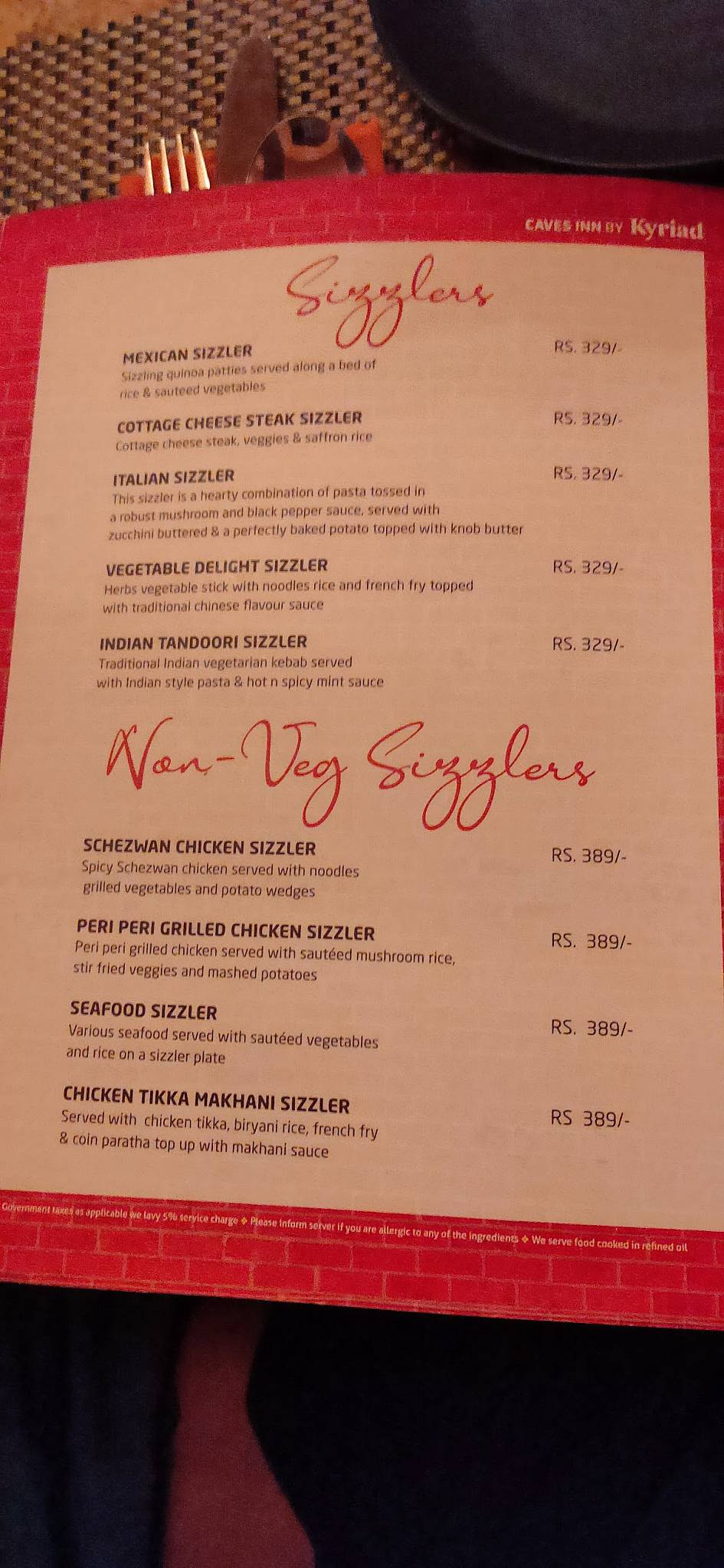 The Caves Inn menu