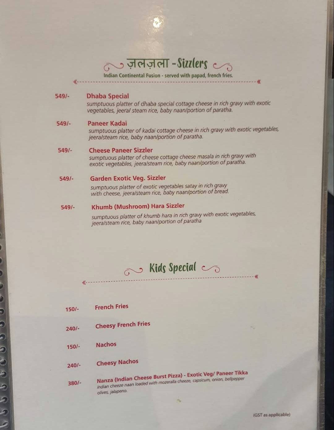 The Dhaba menu