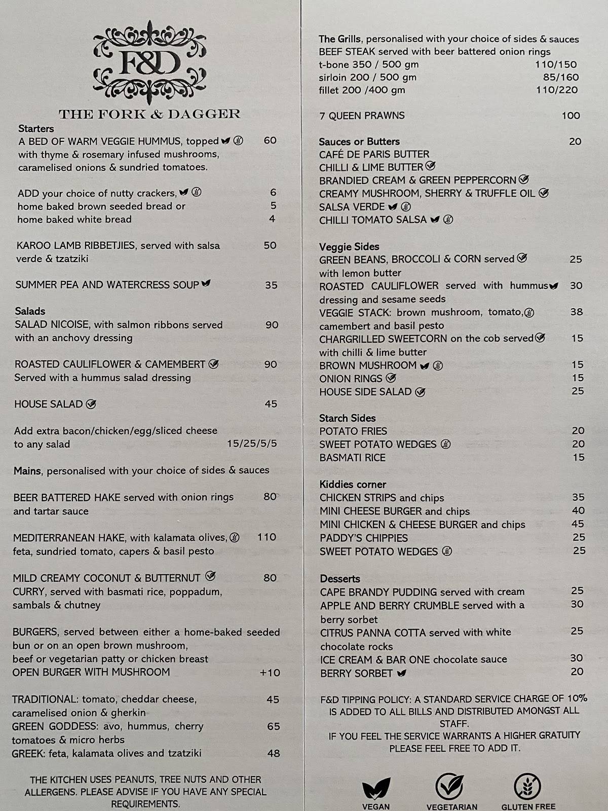 Menu at The Fork & Dagger restaurant, Grahamstown