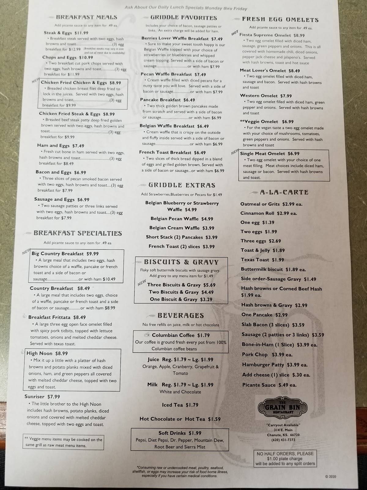 Menu at The Grain Bin Restaurant, Chanute