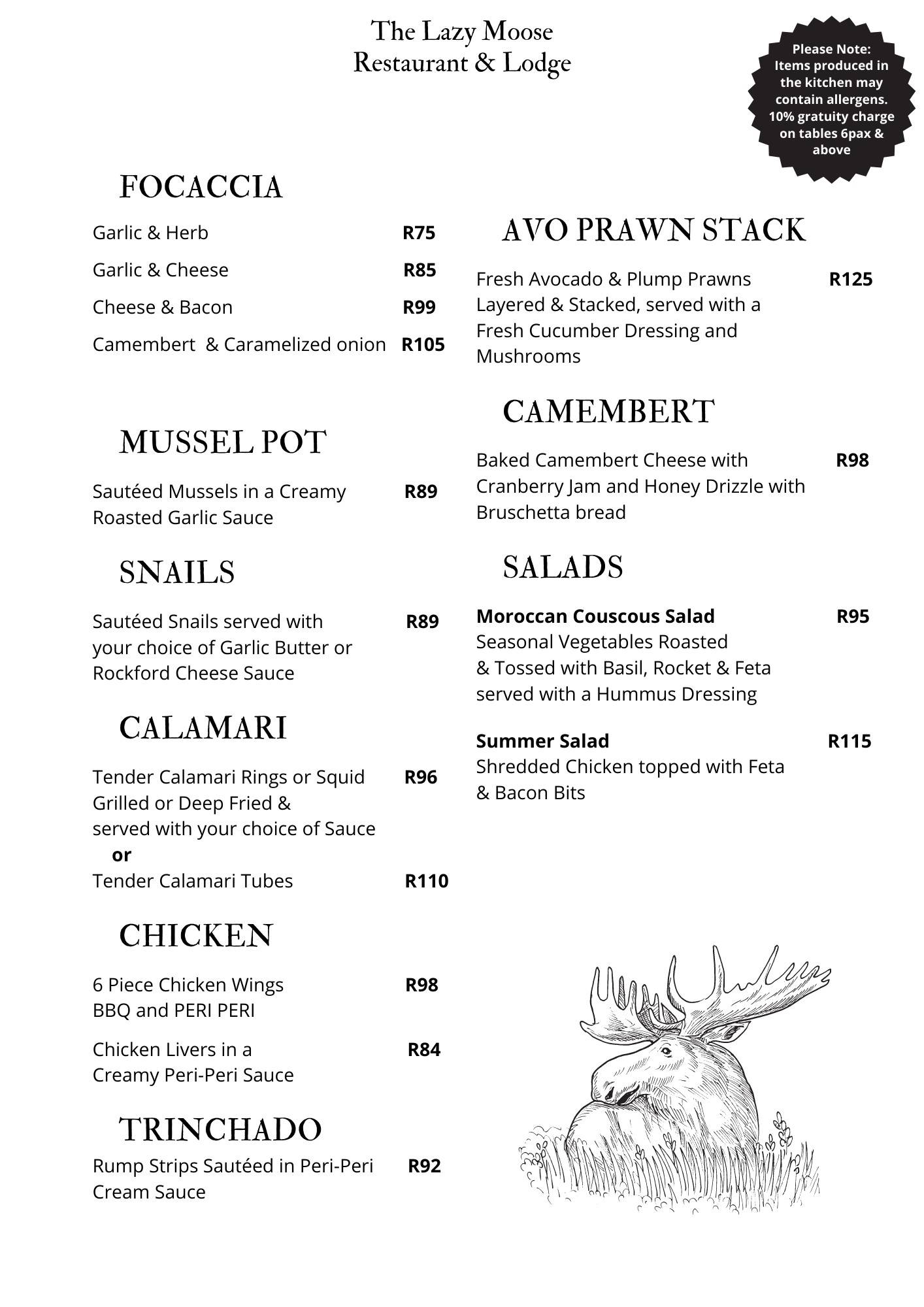 Menu at The Lazy Moose Restaurant & Lodge, Ezembeni