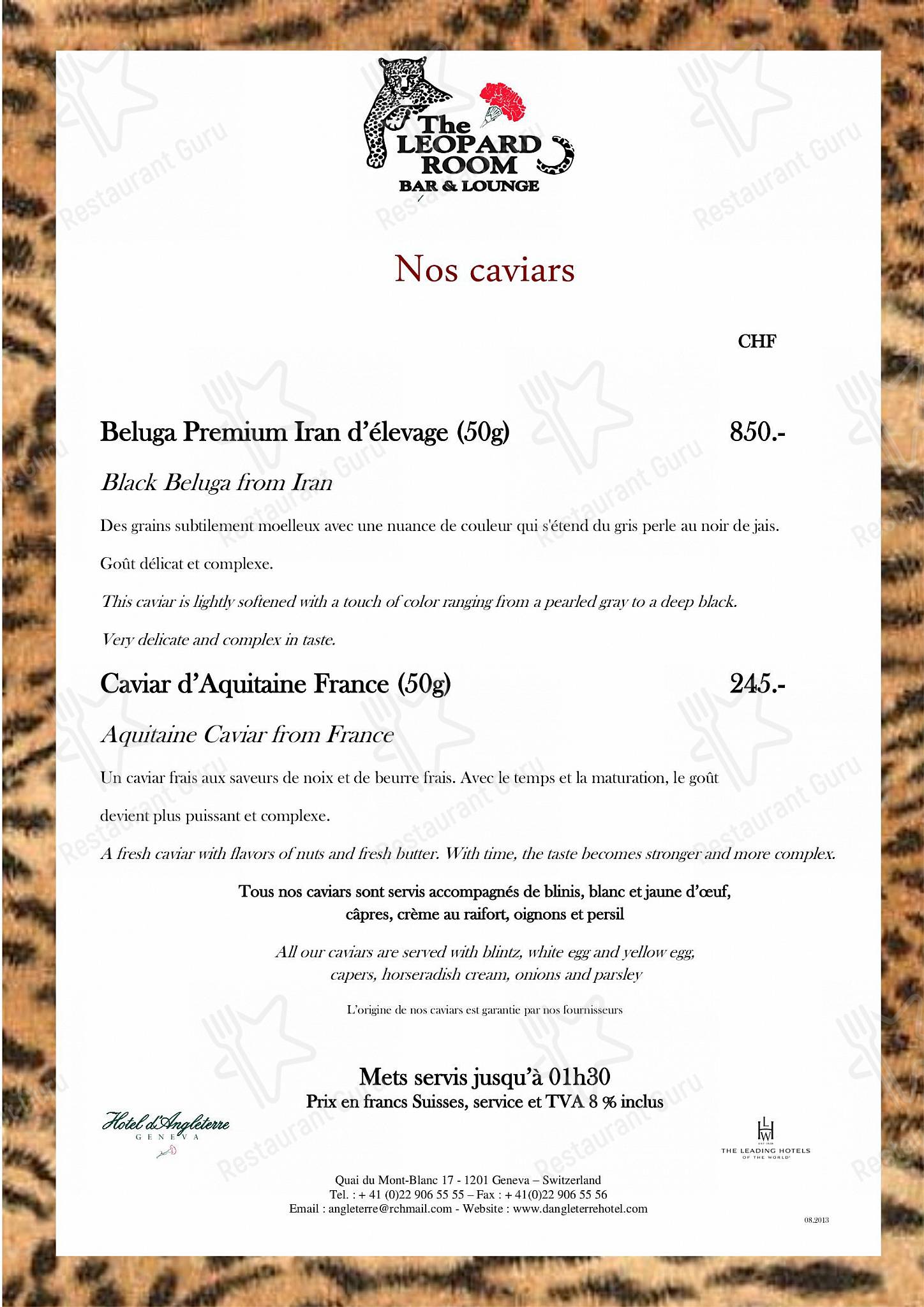 Menu pour The Leopard Room Bar & Lounge - Dinner Menu