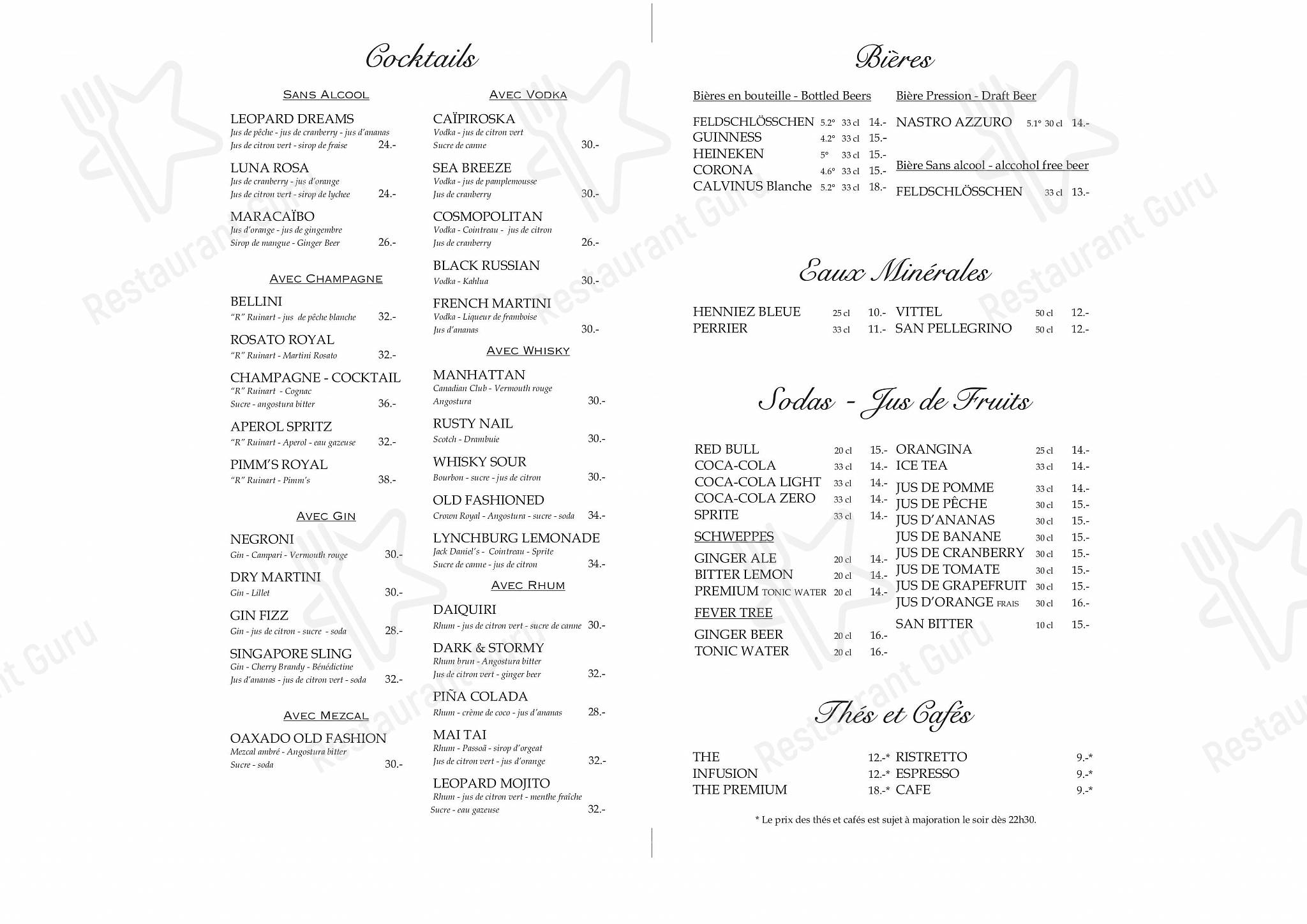 Dinner Menu pour The Leopard Room Bar & Lounge dans Genève