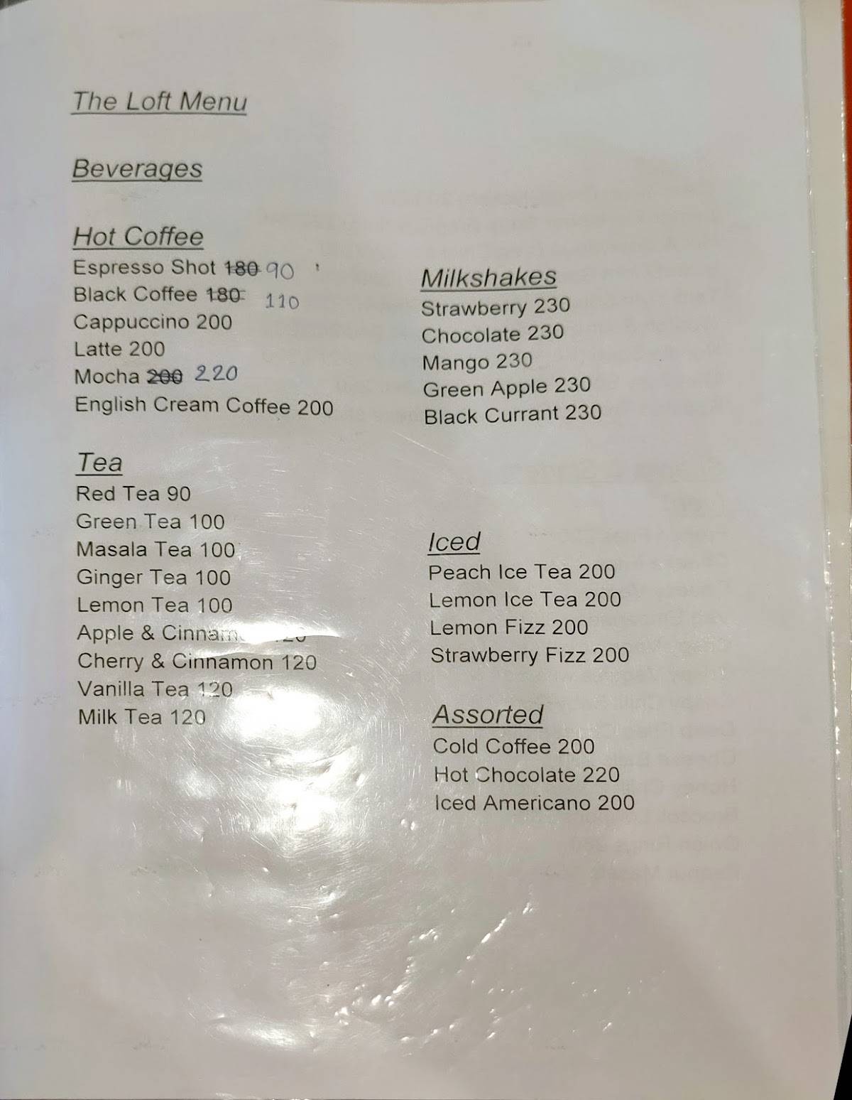 The Loft - Cafe & Restaurant menu