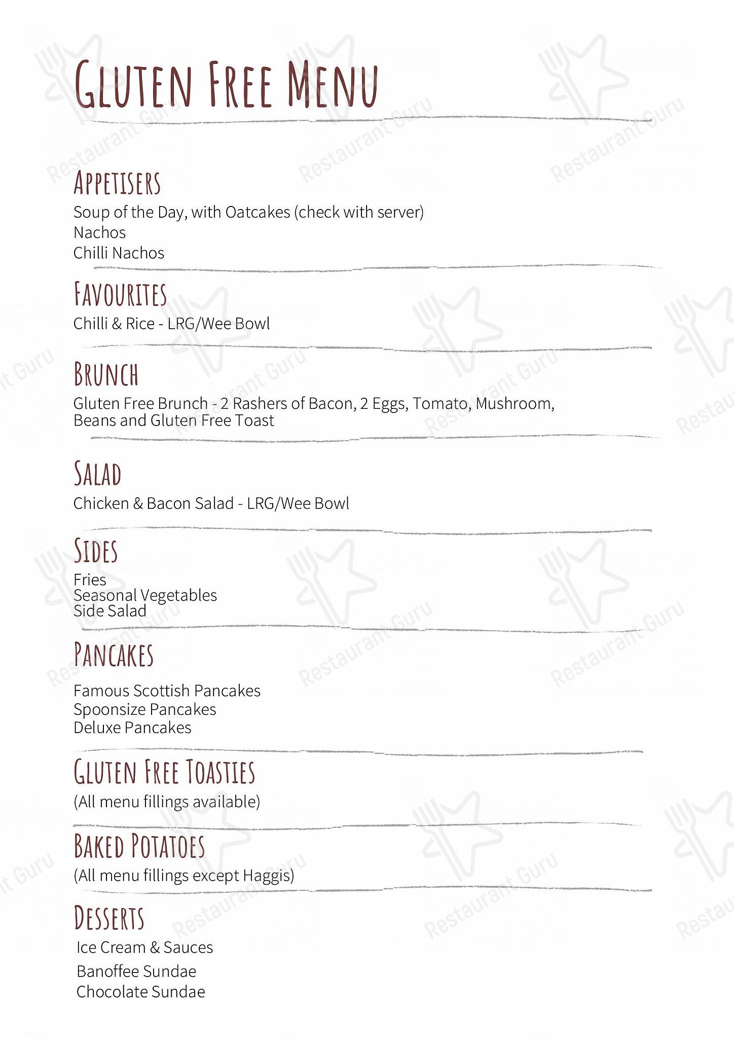 Menu at The Pancake Place cafe, Dunfermline