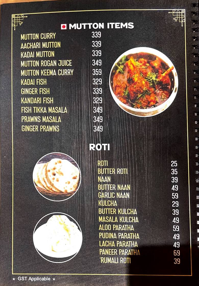 The Paradise family restaurant menu