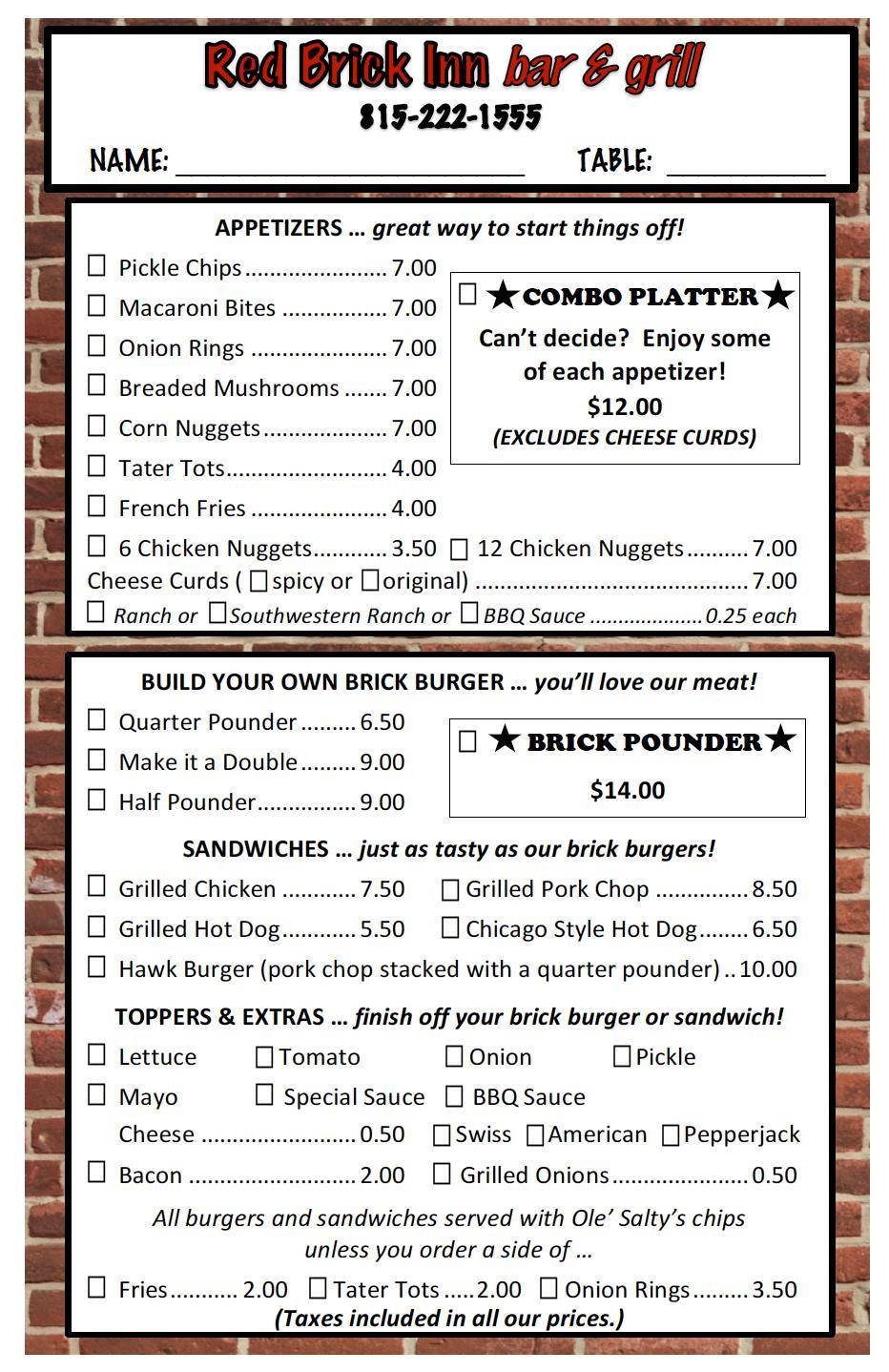 Menu at The Red Brick Inn Bar & Grill, Kirkland