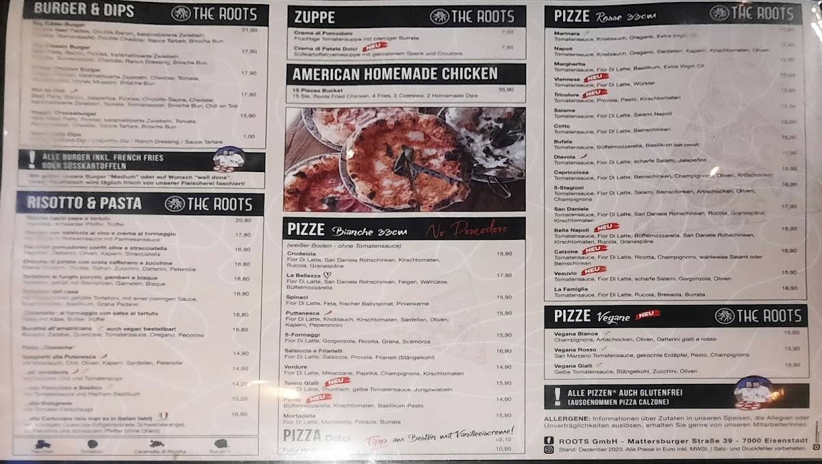 Speisekarte von The Roots restaurant, Eisenstadt