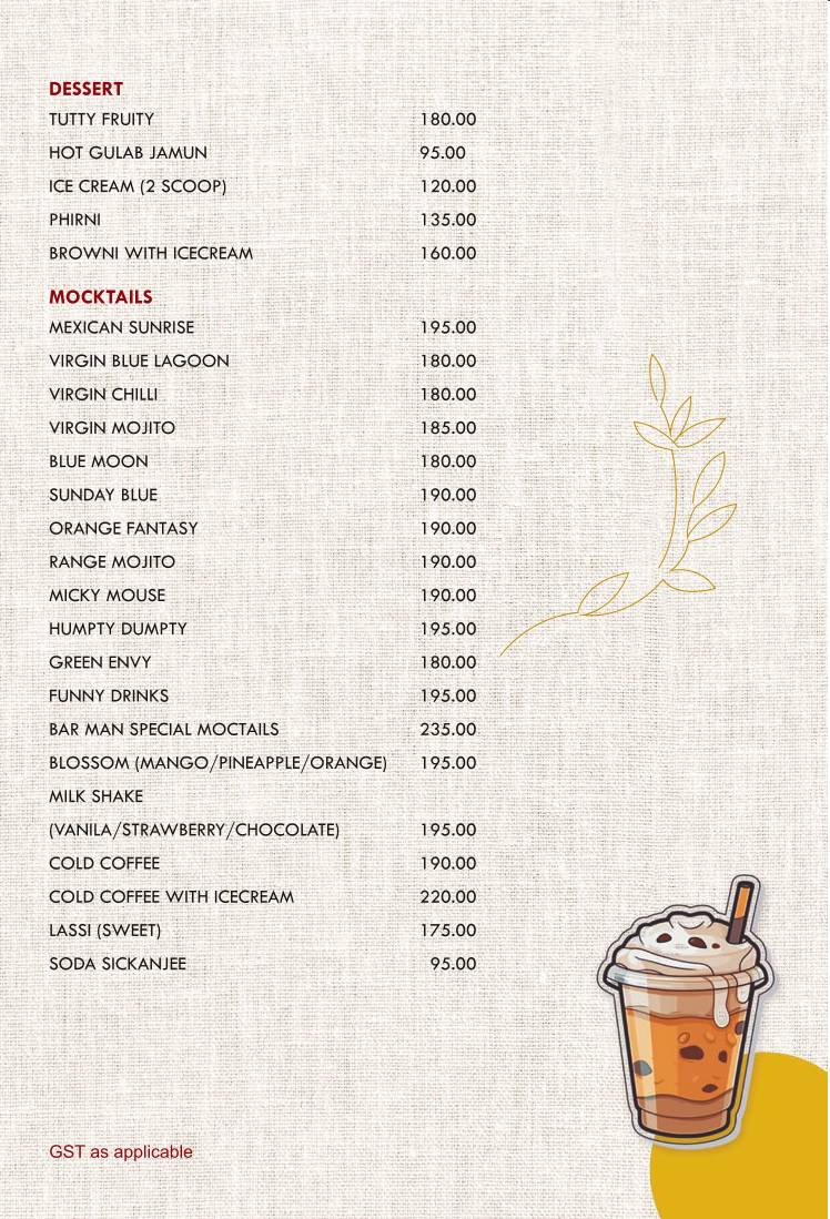 The Rose (Kankurgachi) menu