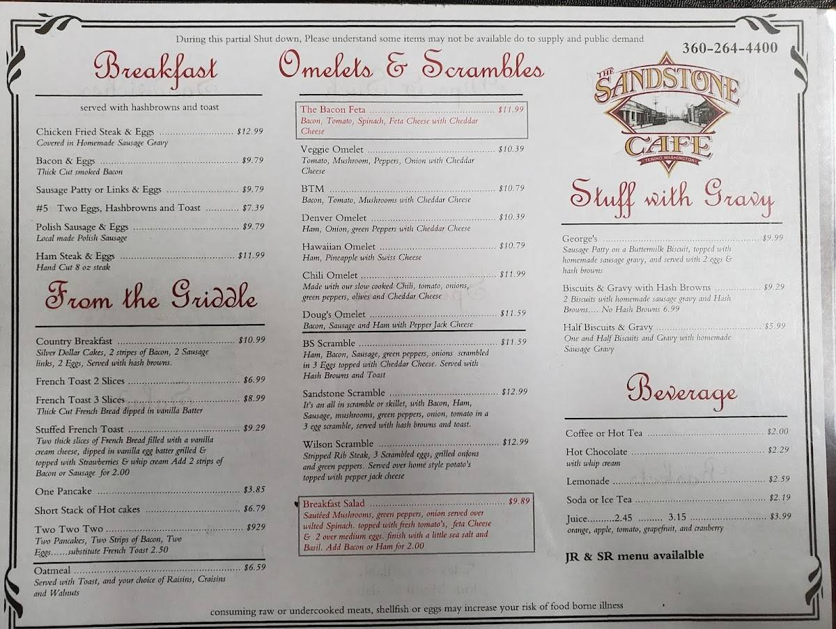 Menu at The Sandstone Cafe & Quarry Bar, Tenino