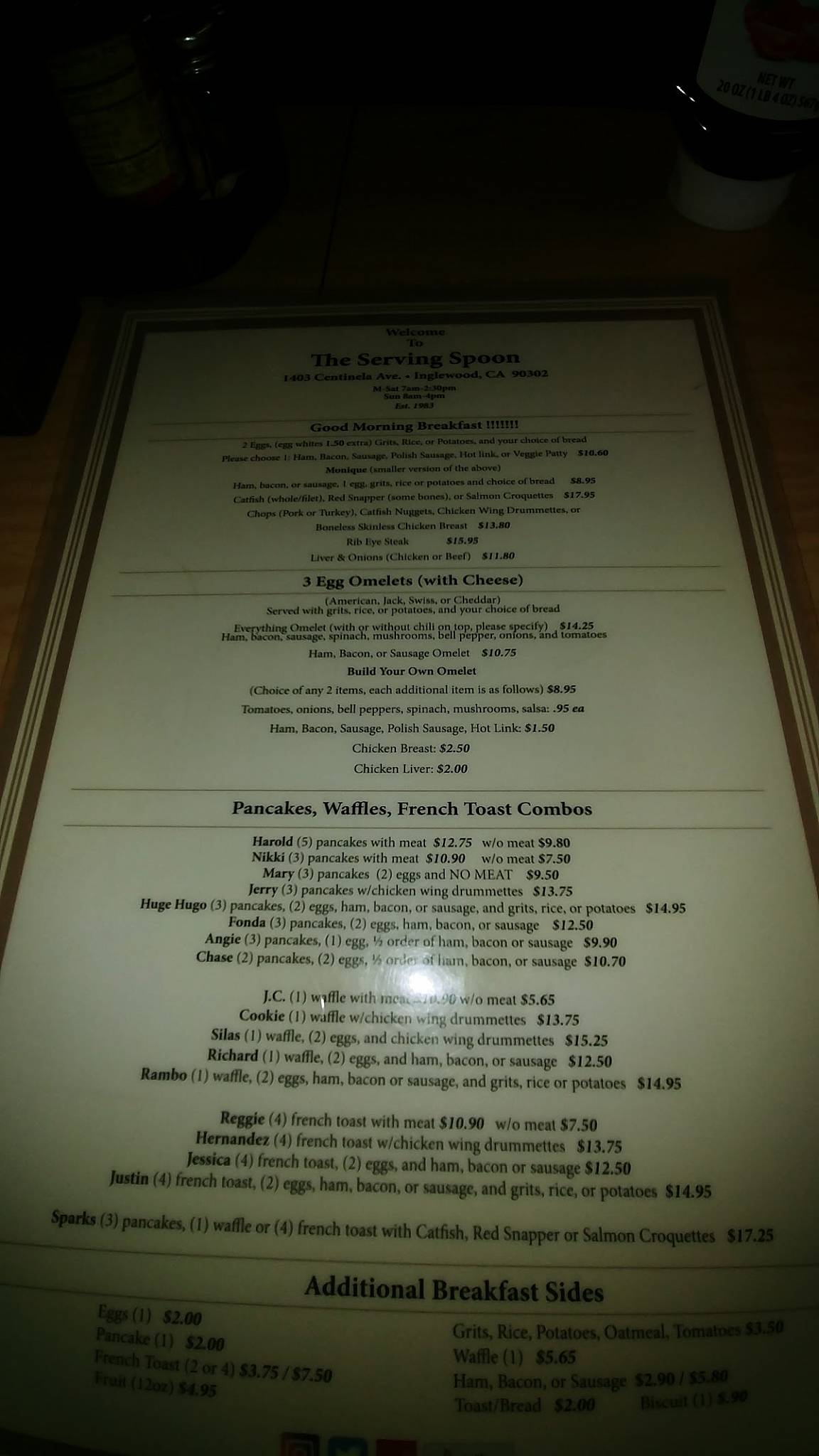 Menu at The Serving Spoon restaurant, Inglewood