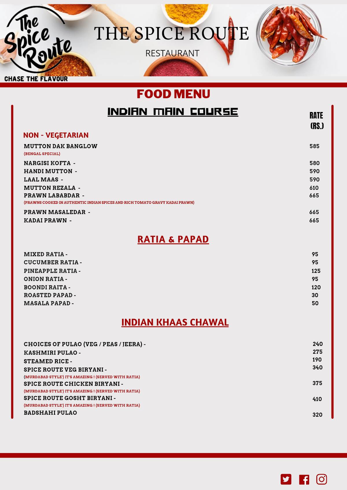The Spice Route menu