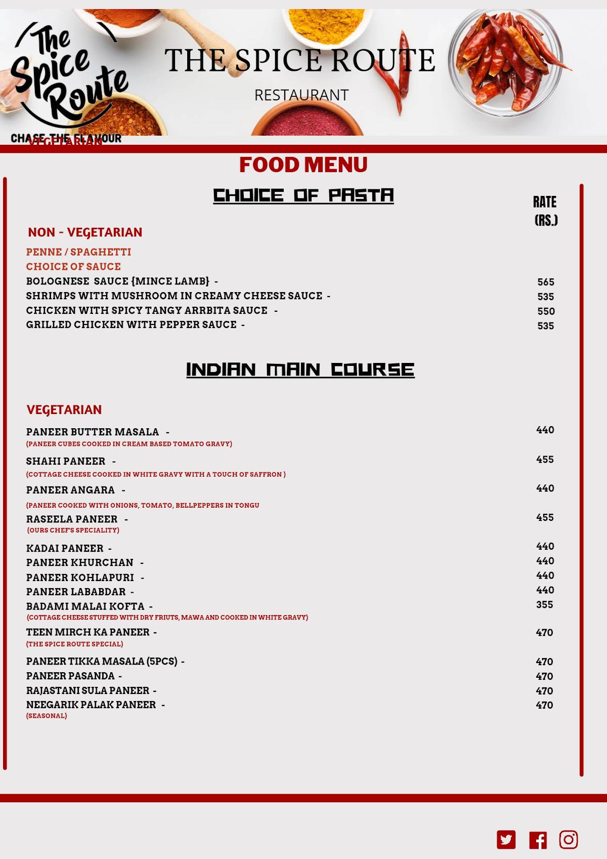The Spice Route menu
