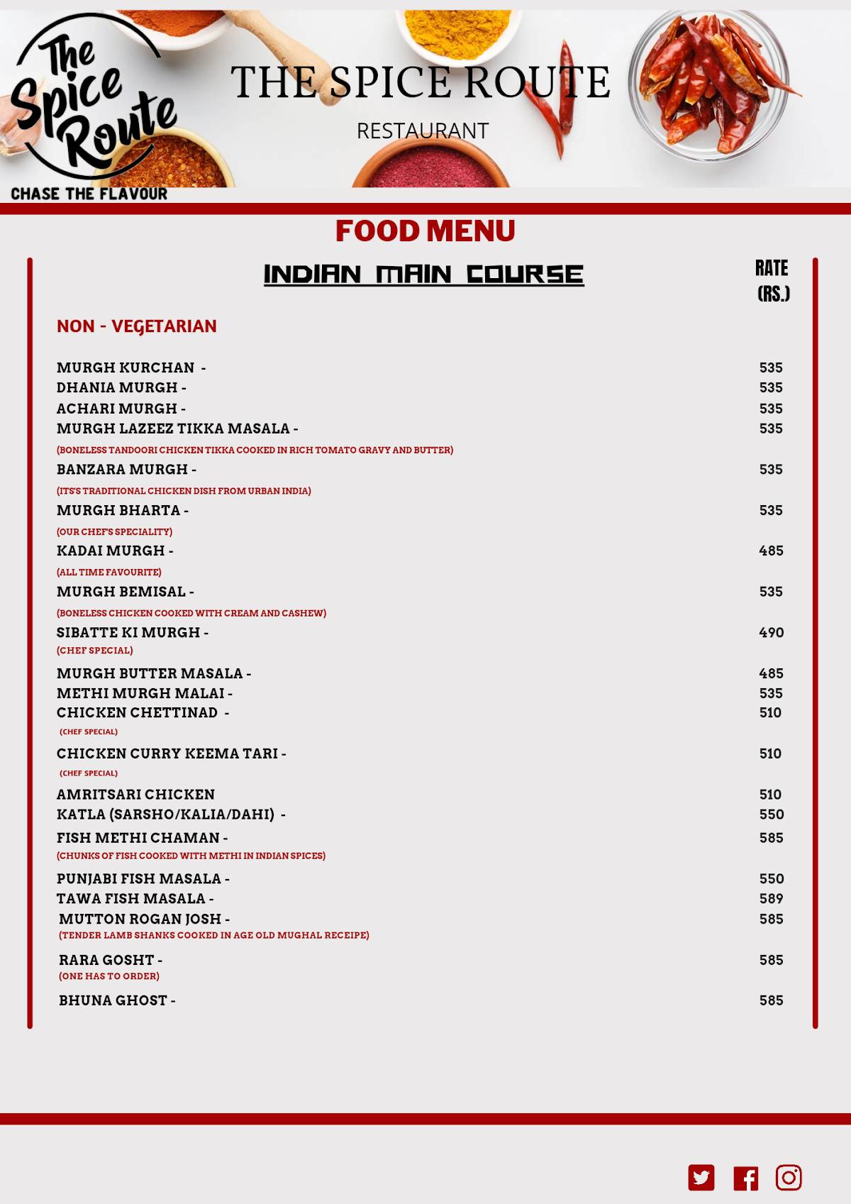 The Spice Route menu